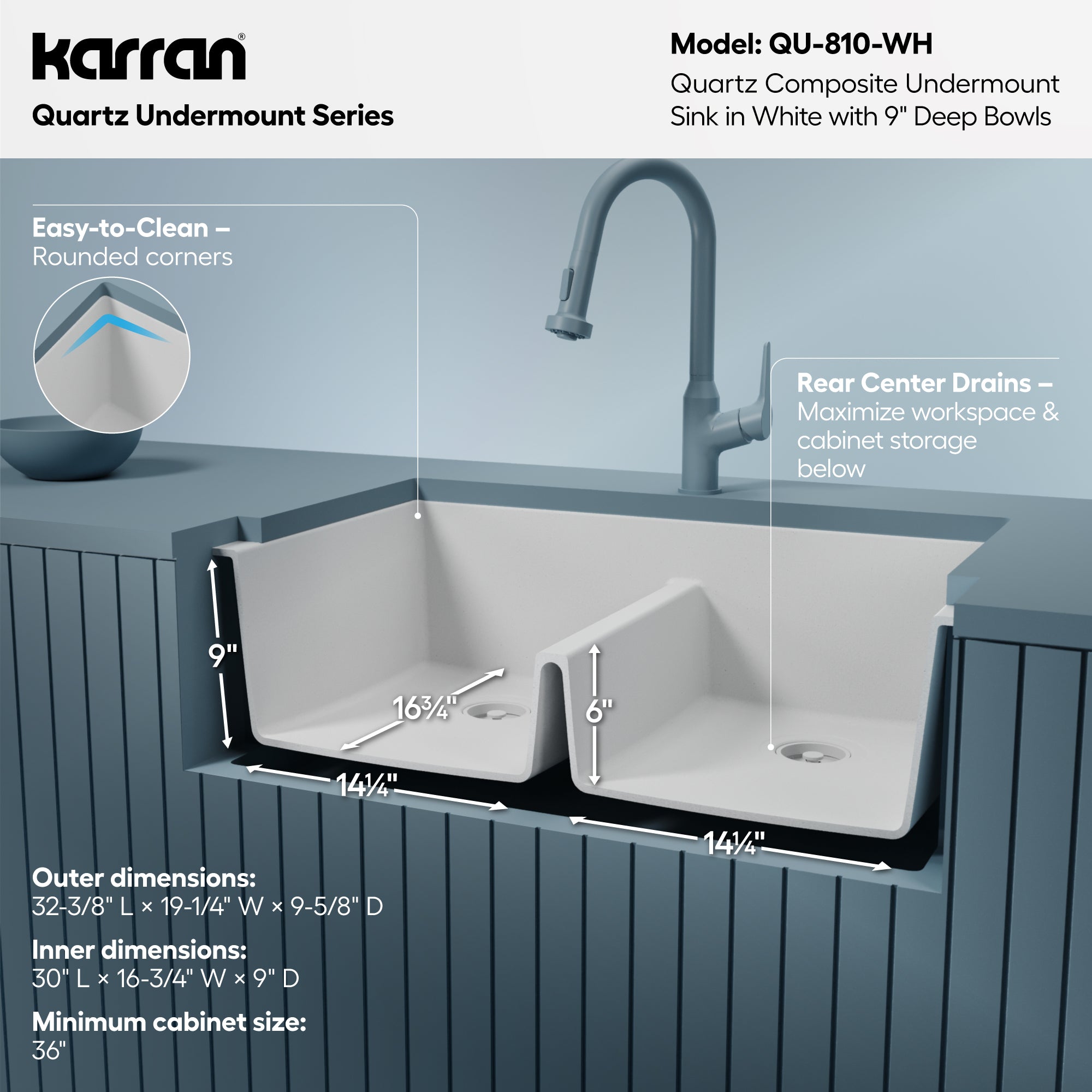 Alternative View of Karran 32" Undermount Quartz Composite Kitchen Sink, 50/50 Double Bowl, White, QU-810-WH