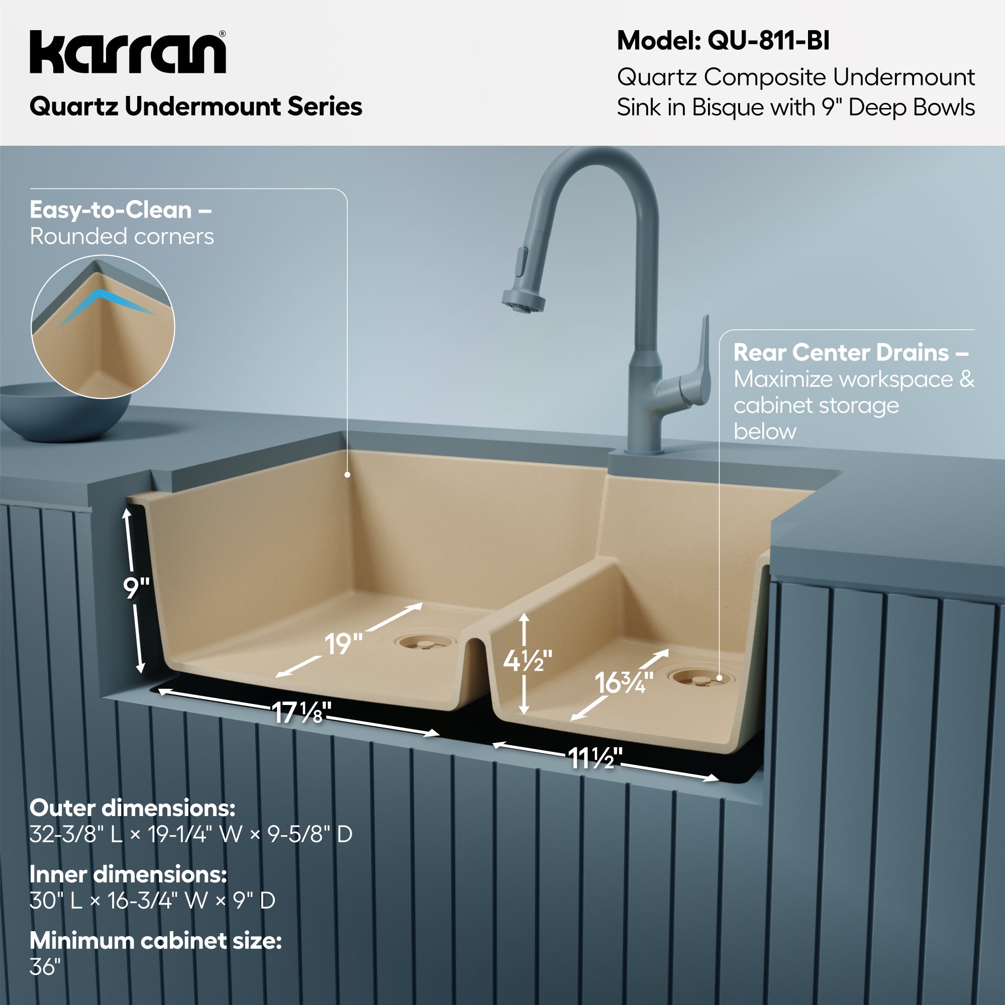 Alternative View of Karran 32" Undermount Quartz Composite Kitchen Sink, 60/40 Double Bowl, Bisque, QU-811-BI