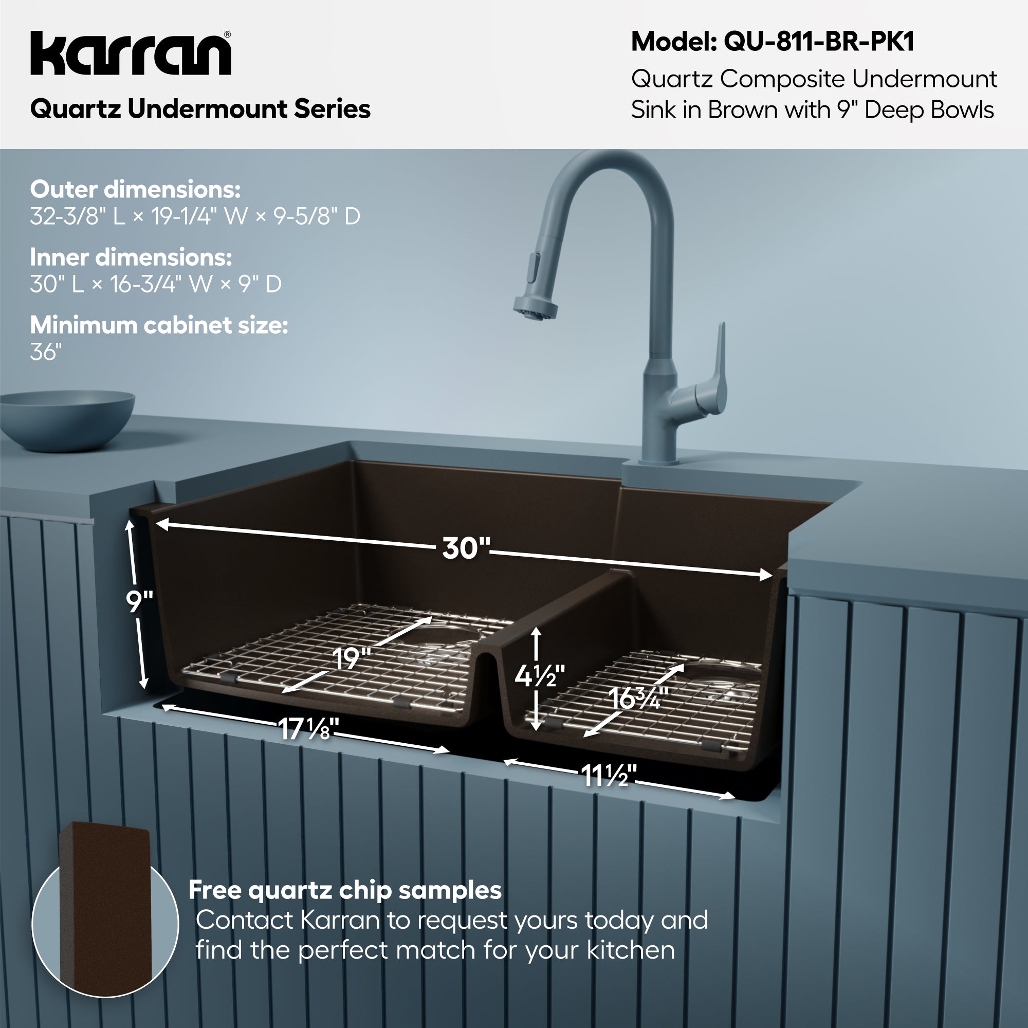 Alternative View of Karran 32" Undermount Quartz Composite Kitchen Sink with Accessories, 60/40 Double Bowl, Brown, QU-811-BR-PK1