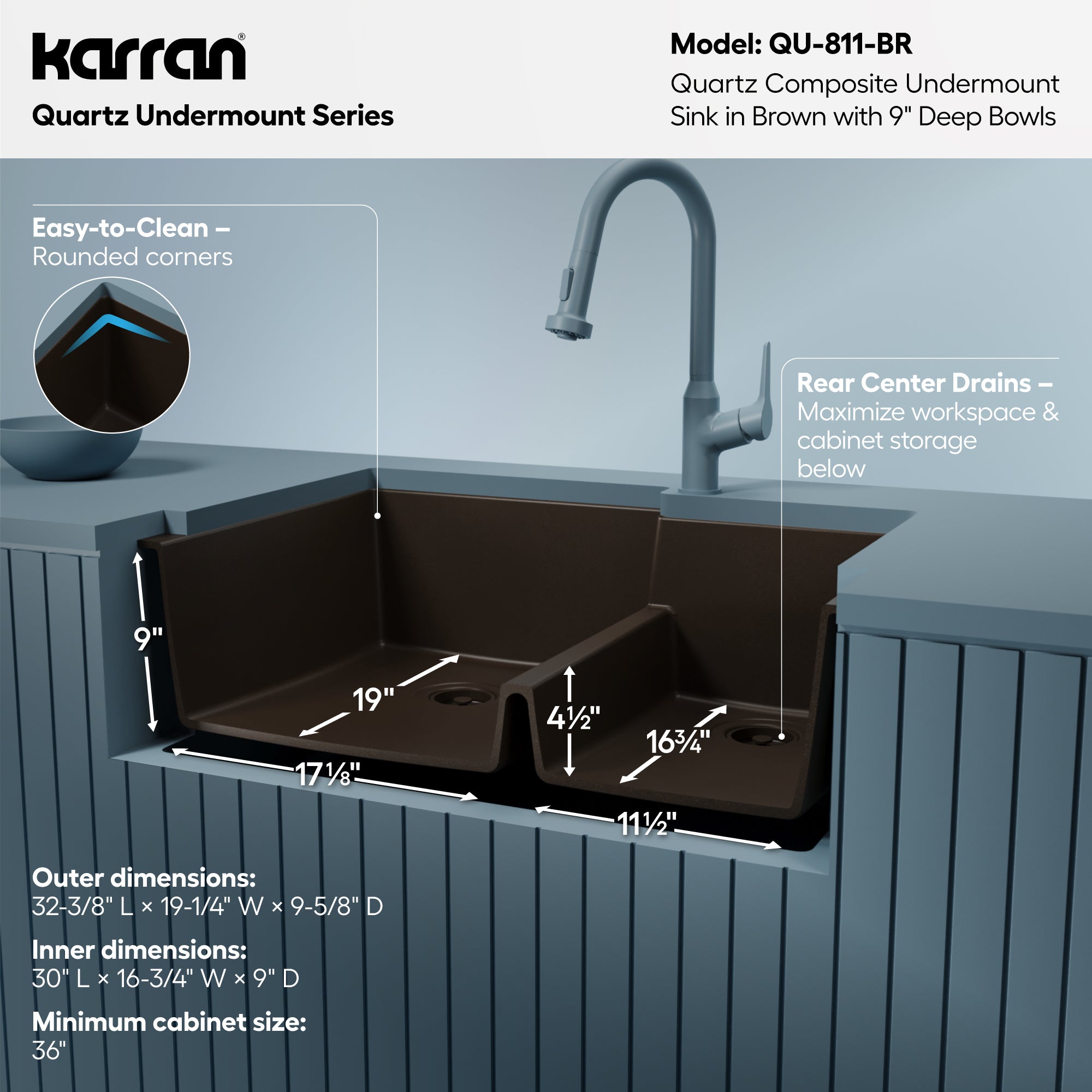 Alternative View of Karran 32" Undermount Quartz Composite Kitchen Sink, 60/40 Double Bowl, Brown, QU-811-BR