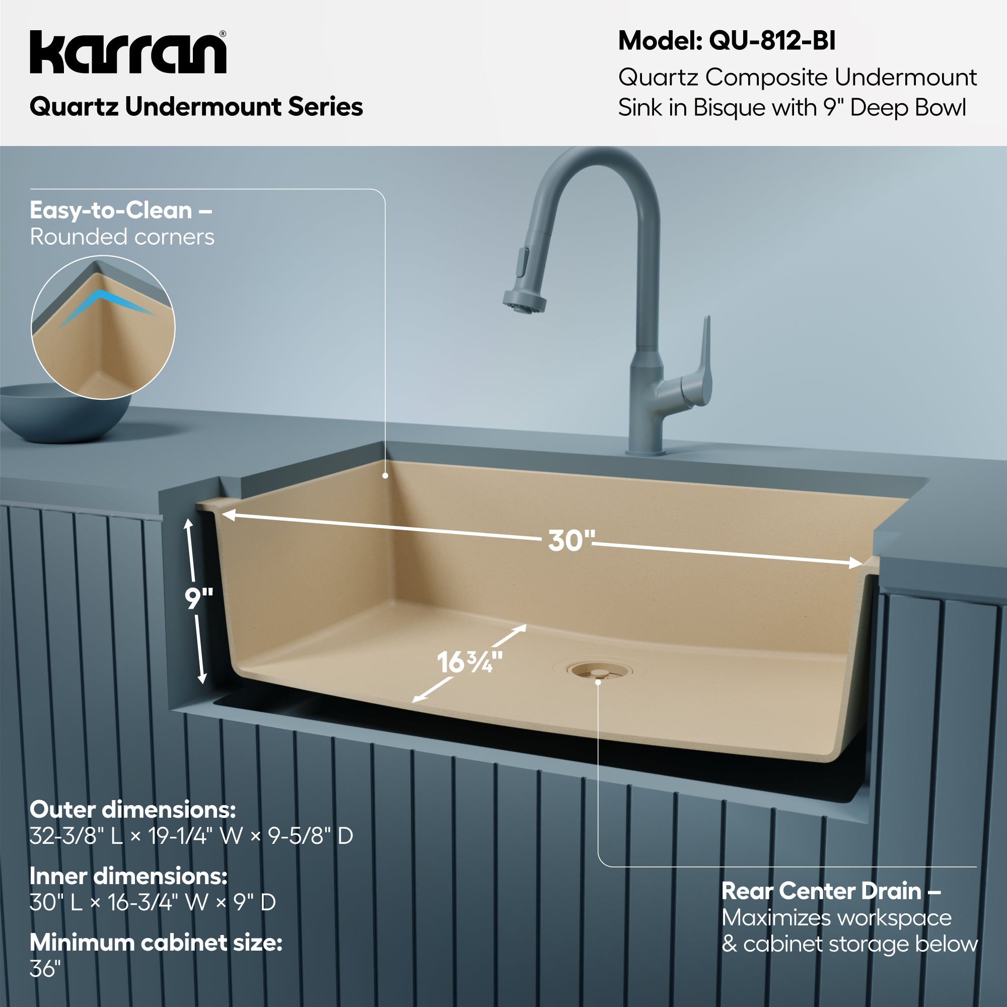 Alternative View of Karran 32" Undermount Quartz Composite Kitchen Sink, Bisque, QU-812-BI