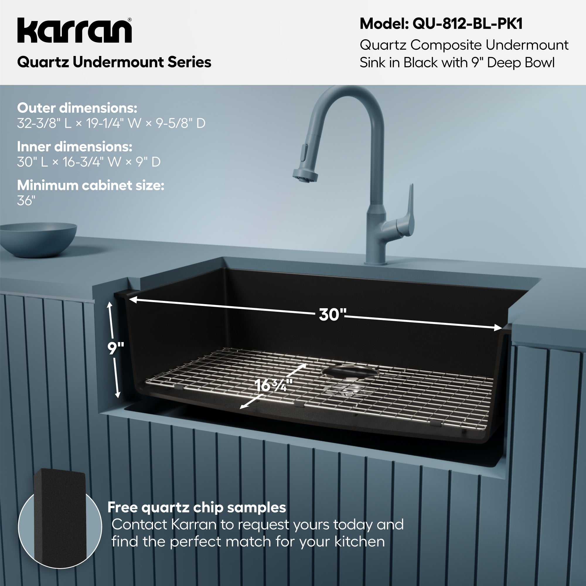 Alternative View of Karran 32" Undermount Quartz Composite Kitchen Sink with Accessories, Black, QU-812-BL-PK1