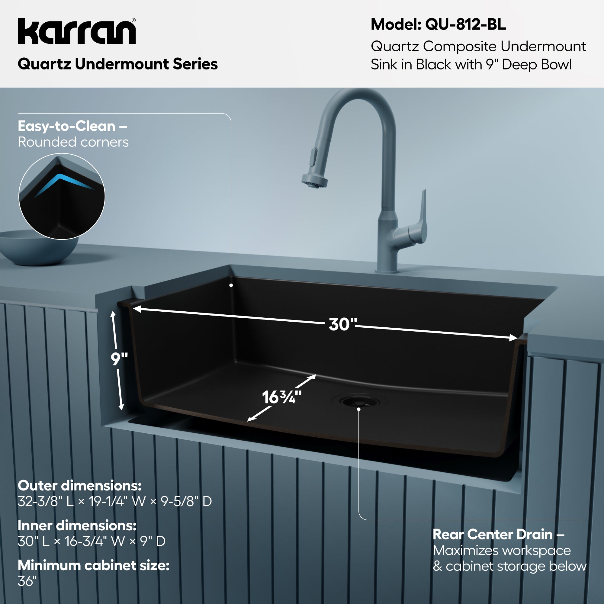Alternative View of Karran 32" Undermount Quartz Composite Kitchen Sink, Black, QU-812-BL