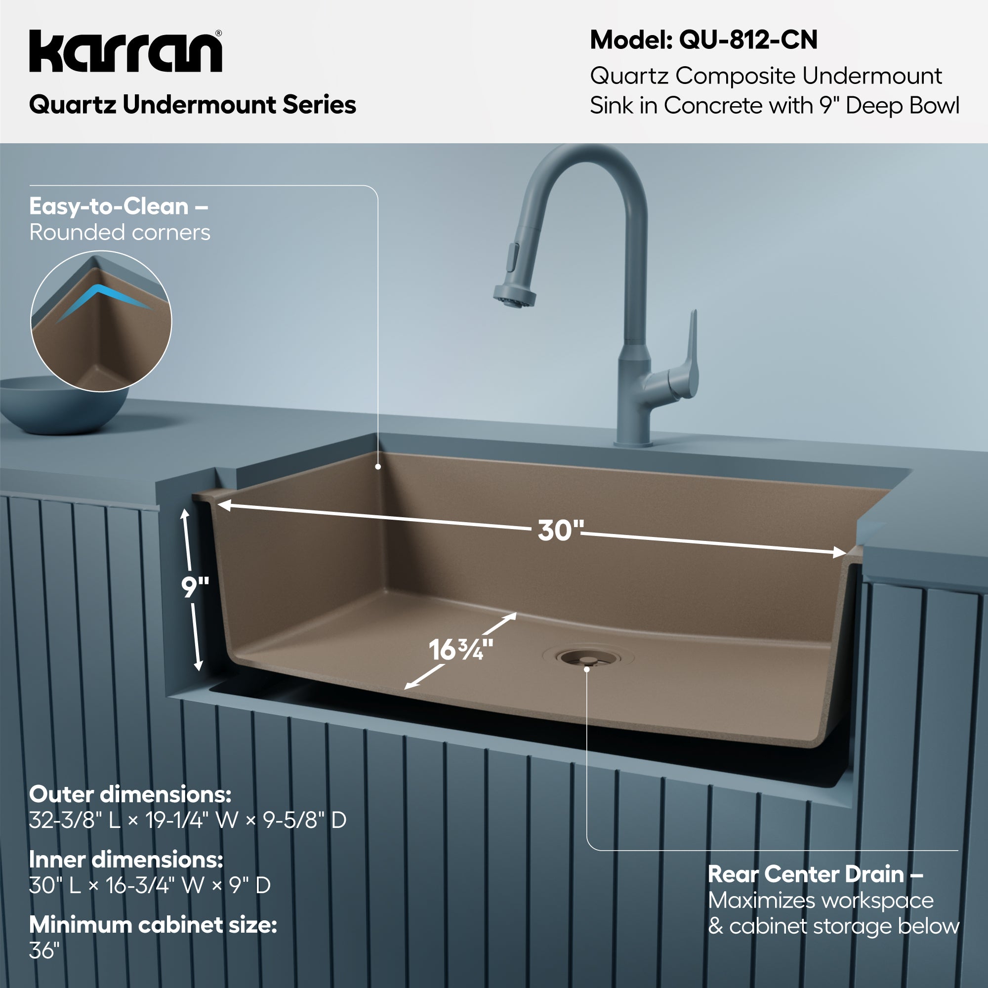 Alternative View of Karran 32" Undermount Quartz Composite Kitchen Sink, Concrete, QU-812-CN