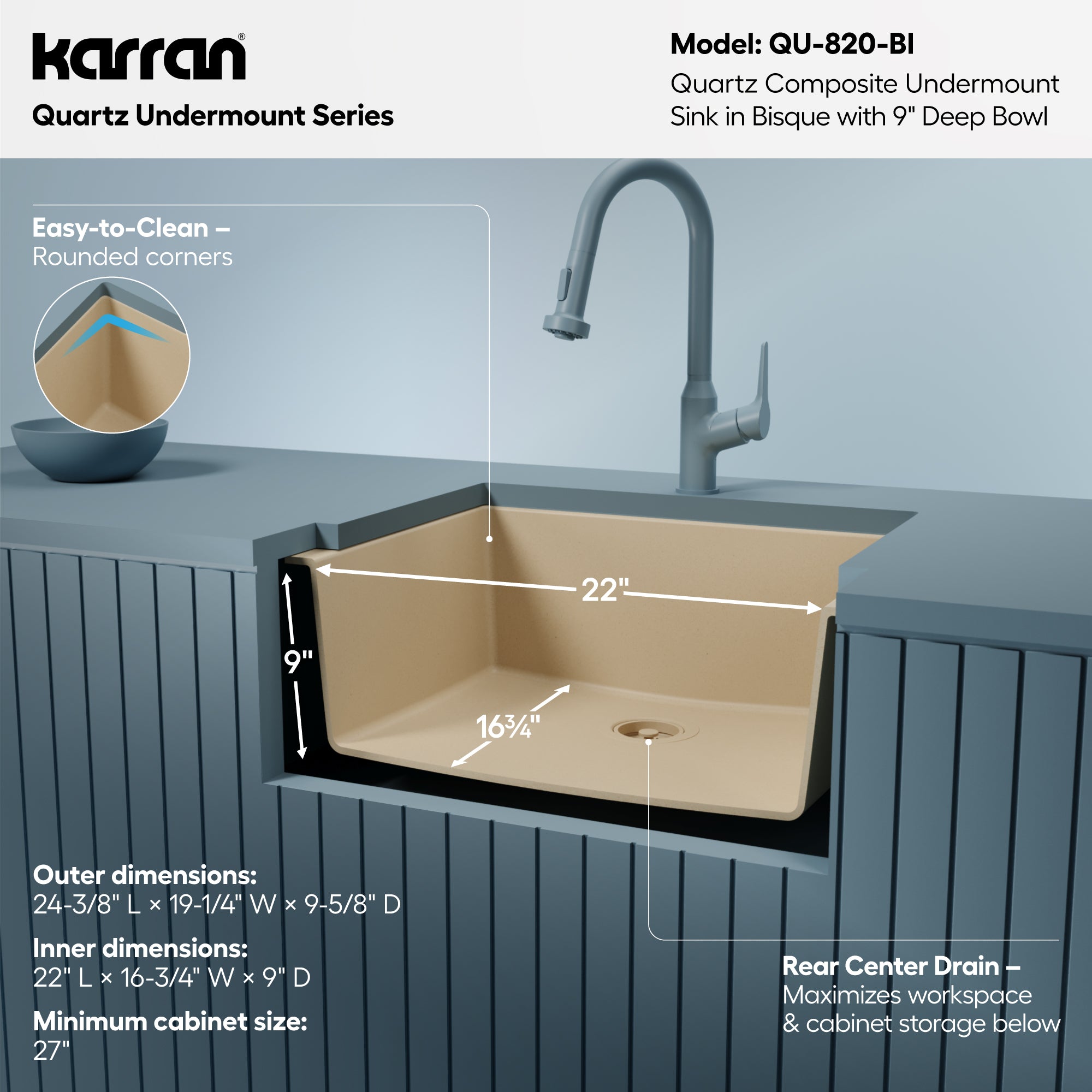 Alternative View of Karran 24" Undermount Quartz Composite Kitchen Sink, Bisque, QU-820-BI