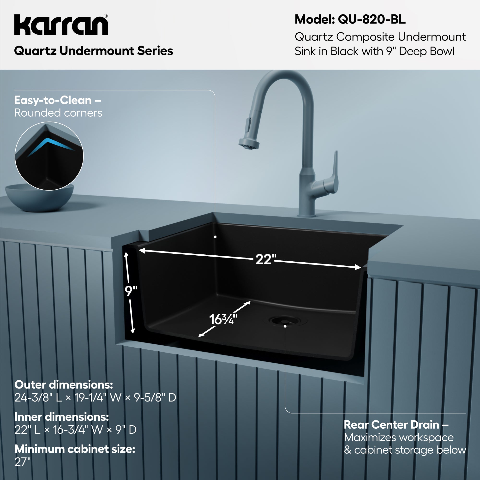 Alternative View of Karran 24" Undermount Quartz Composite Kitchen Sink, Black, QU-820-BL