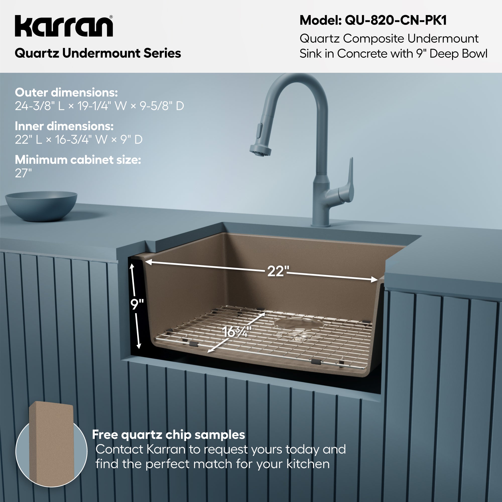 Alternative View of Karran 24" Undermount Quartz Composite Kitchen Sink with Accessories, Concrete, QU-820-CN-PK1