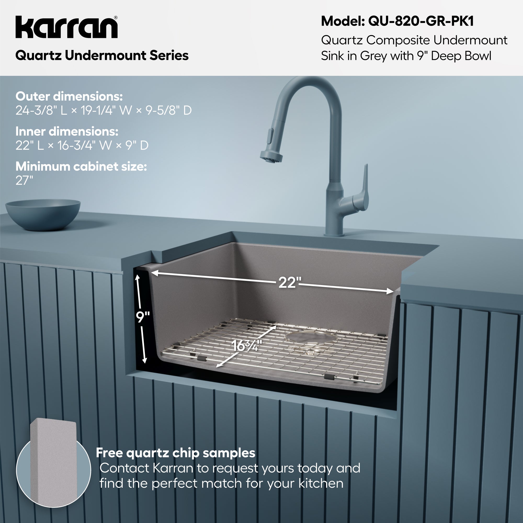 Alternative View of Karran 24" Undermount Quartz Composite Kitchen Sink with Accessories, Grey, QU-820-GR-PK1