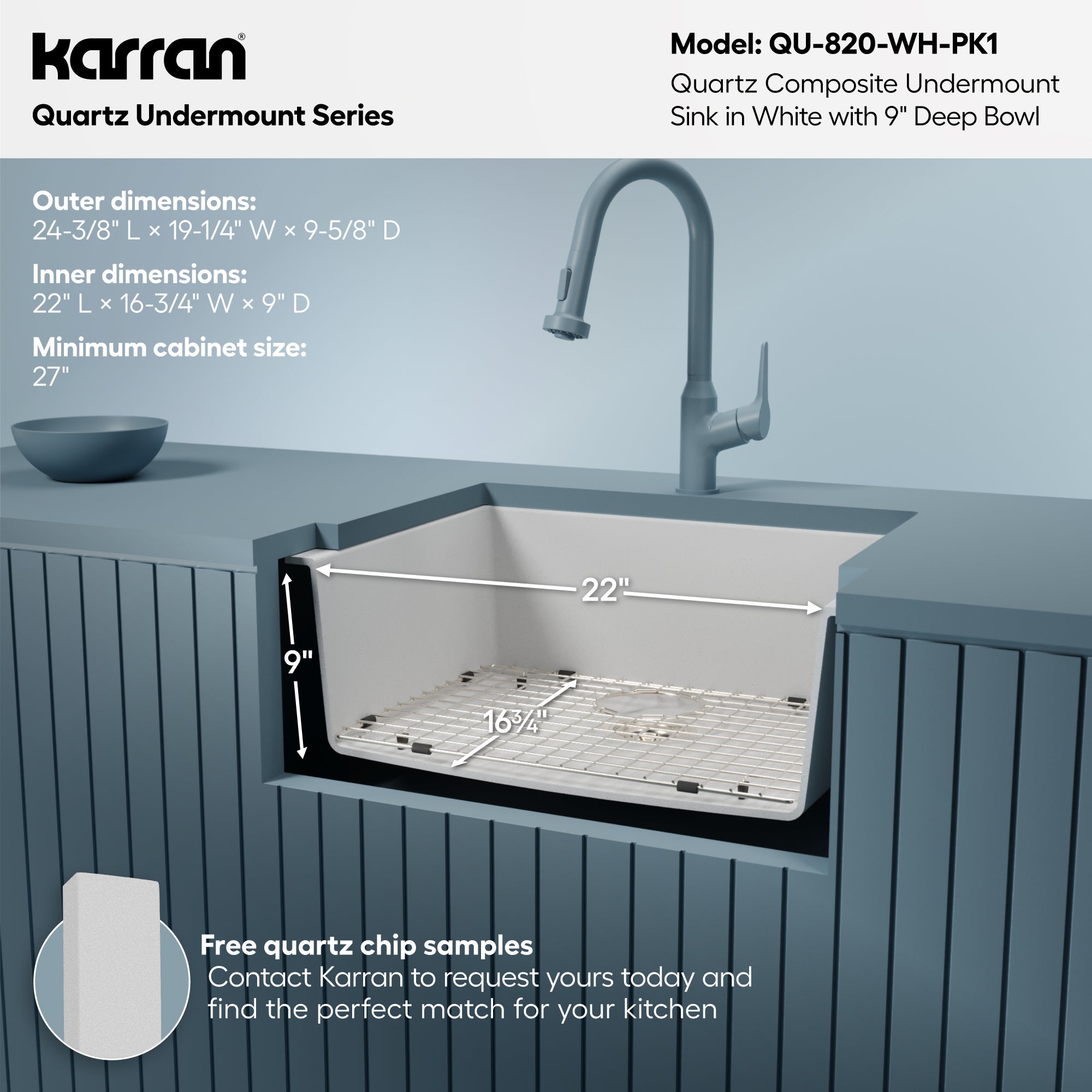 Alternative View of Karran 24" Undermount Quartz Composite Kitchen Sink with Accessories, White, QU-820-WH-PK1
