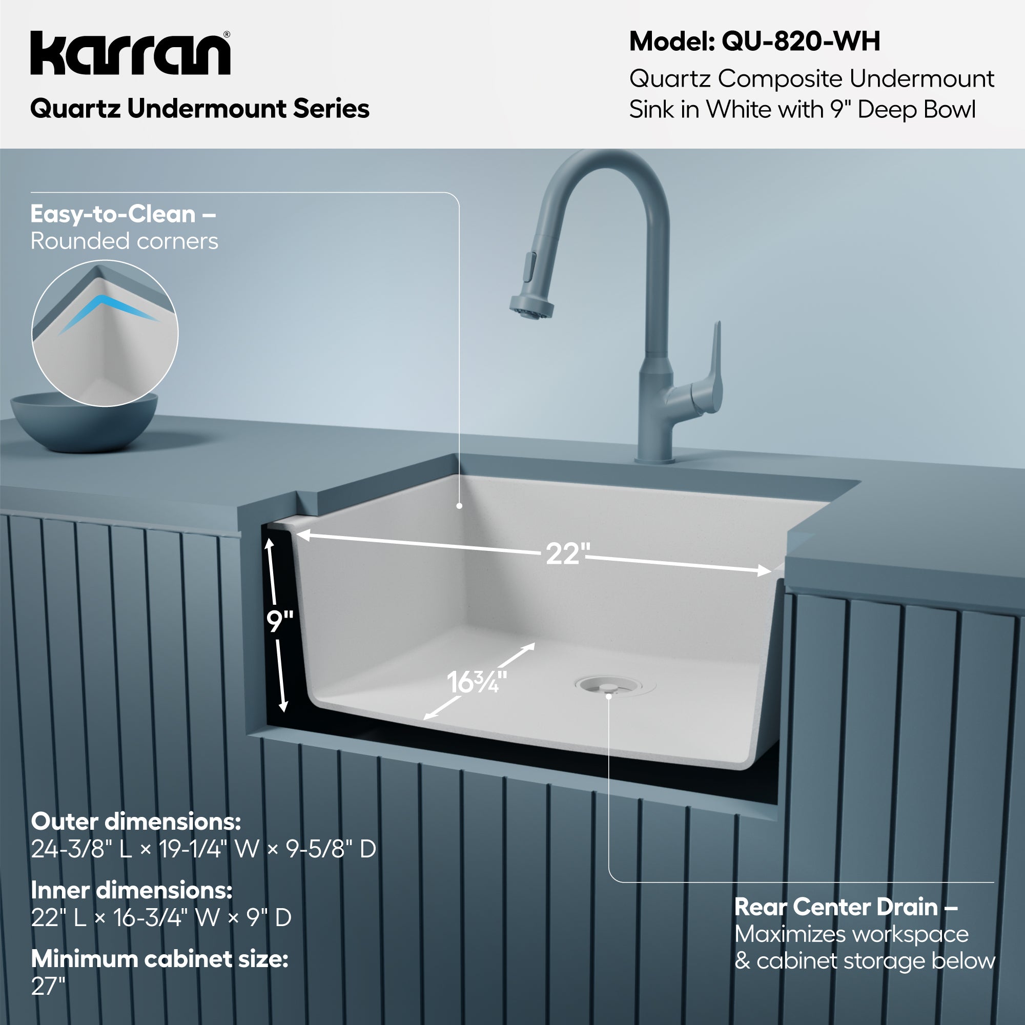 Alternative View of Karran 24" Undermount Quartz Composite Kitchen Sink, White, QU-820-WH