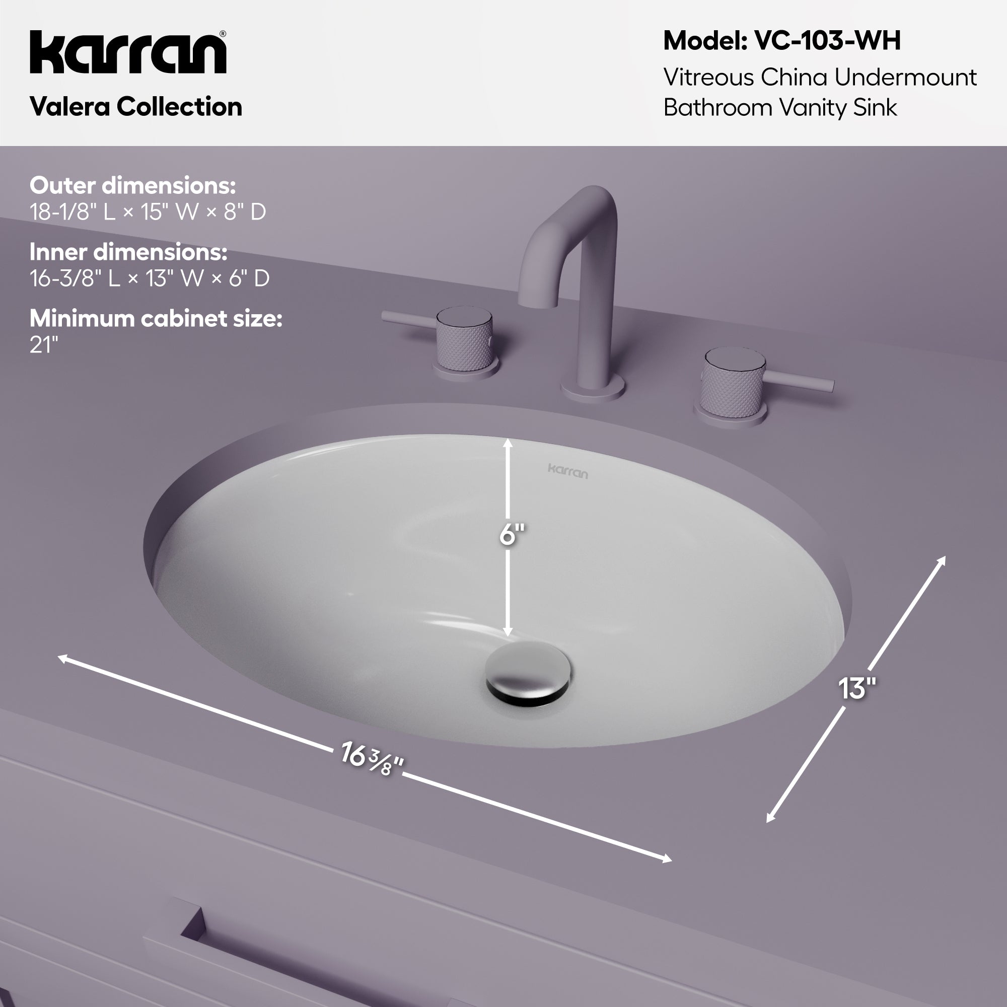Karran Valera 15" x 18.125" Oval Undermount Vitreous China Bathroom Sink, White, VC-103-WH
