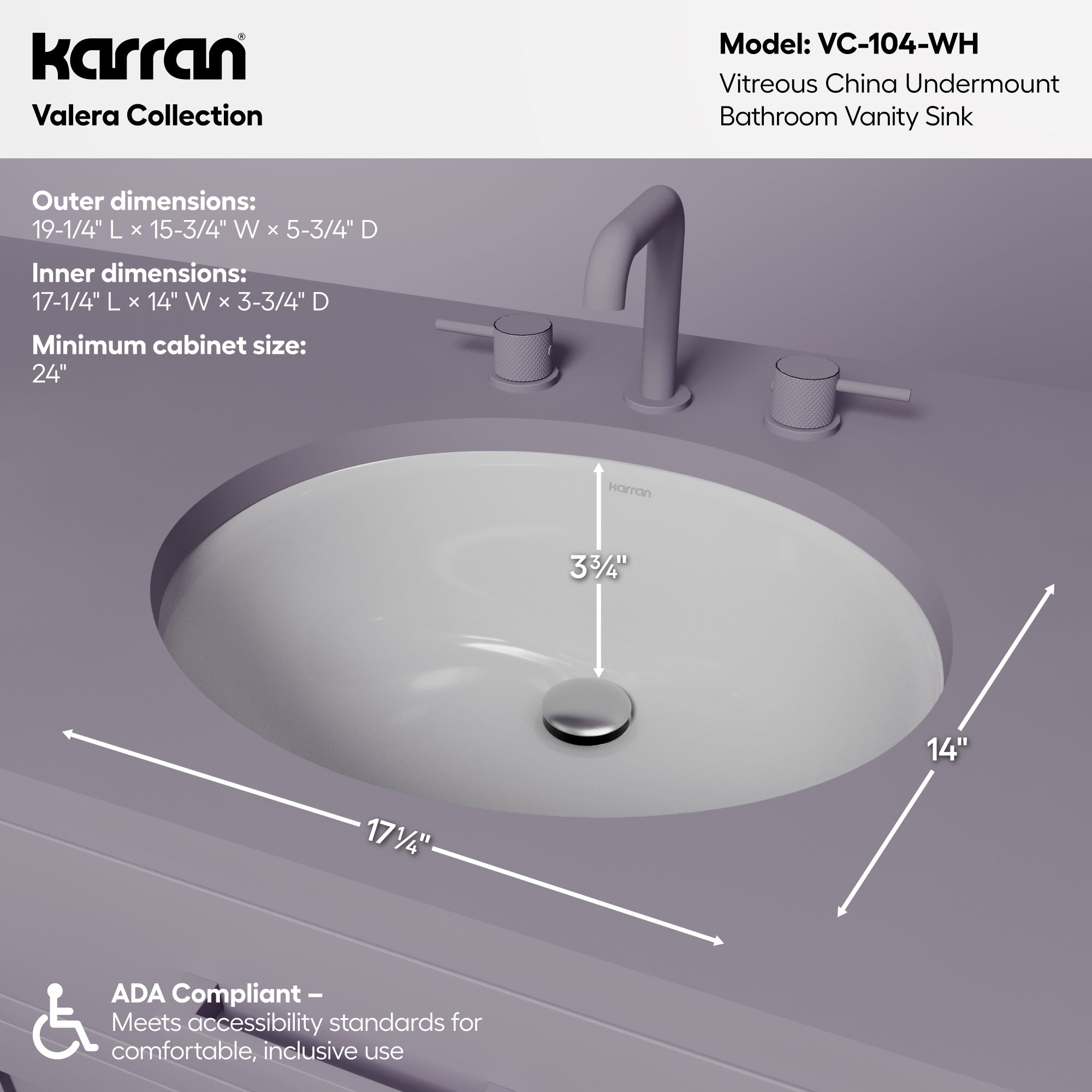 Karran Valera 15.75" x 19.25" Oval Undermount Vitreous China ADA Bathroom Sink, White, VC-104-WH