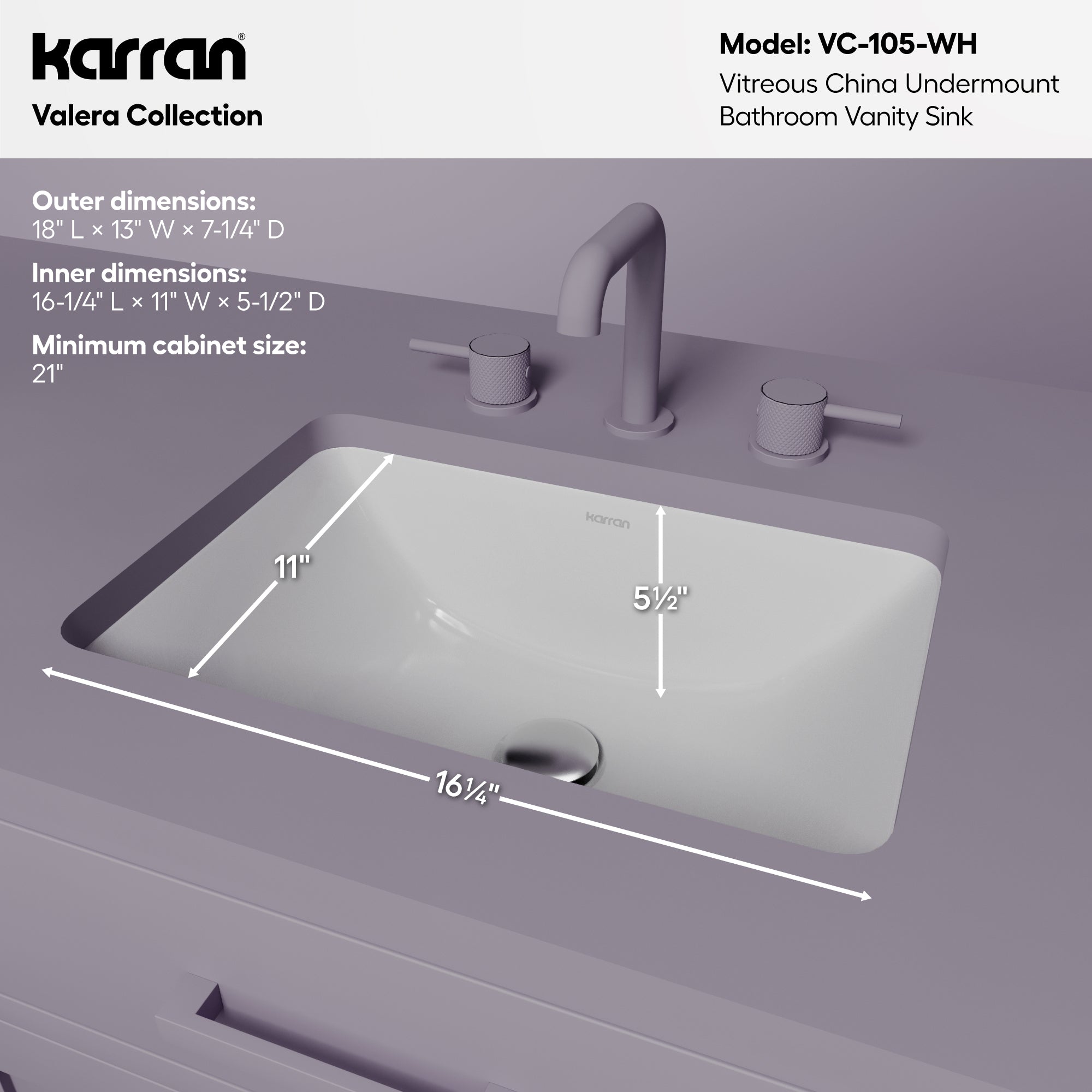 Karran 18 rectangular bathroom sink white informational image