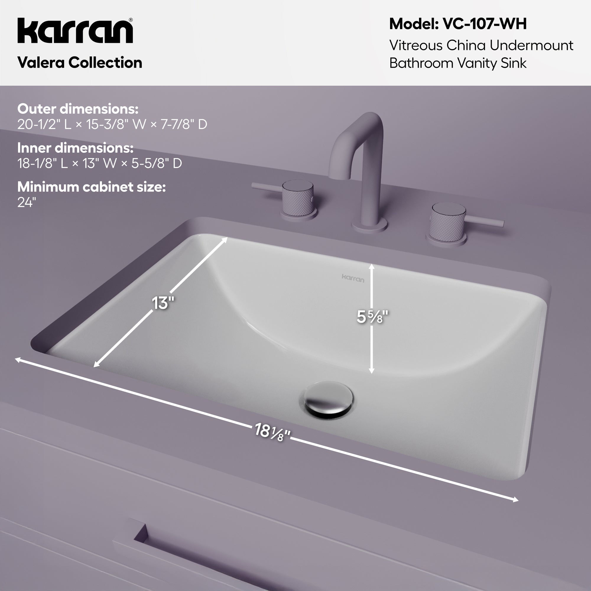 Karran Valera 15.375" x 20.5" Rectangular Undermount Vitreous China Bathroom Sink, White, VC-107-WH