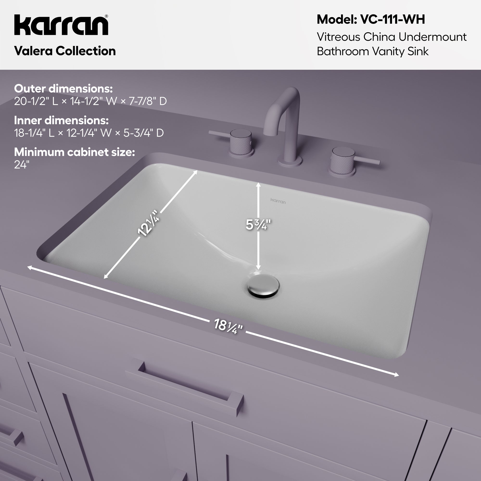 Karran Valera 14.5" x 20.5" Rectangular Undermount Vitreous China Bathroom Sink, White, VC-111-WH