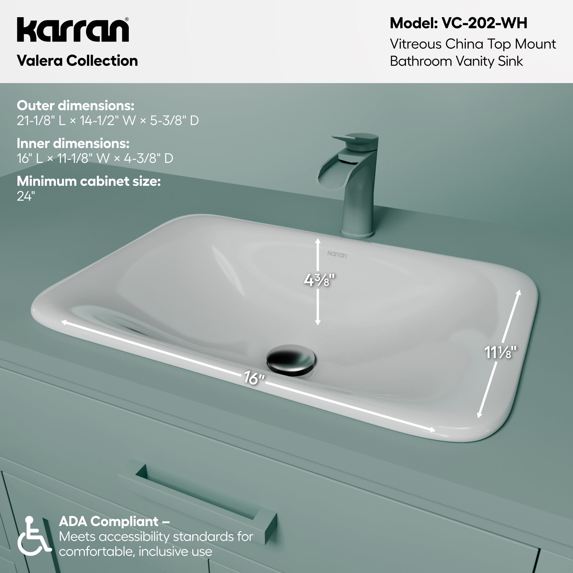 Alternative View of Karran Valera 21.125" x 14.5" x 4" Rectangular Vessel Vitreous China ADA Bathroom Sink, White, VC-202-WH