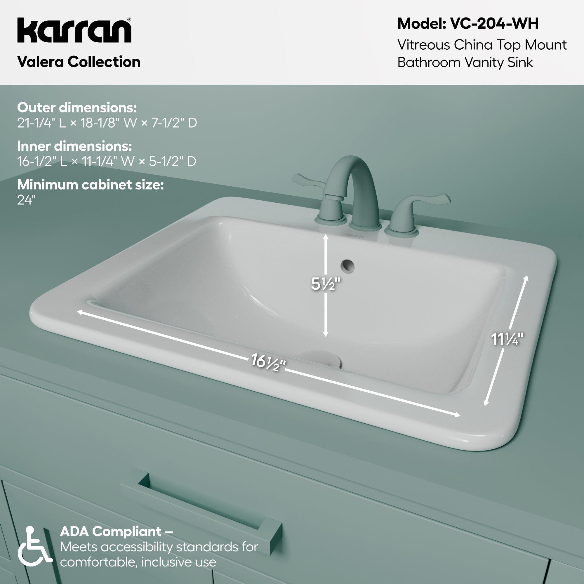 Karran Valera 18.125" x 21.25" Rectangular Drop In/Topmount Vitreous China ADA Bathroom Sink, White, VC-204-WH