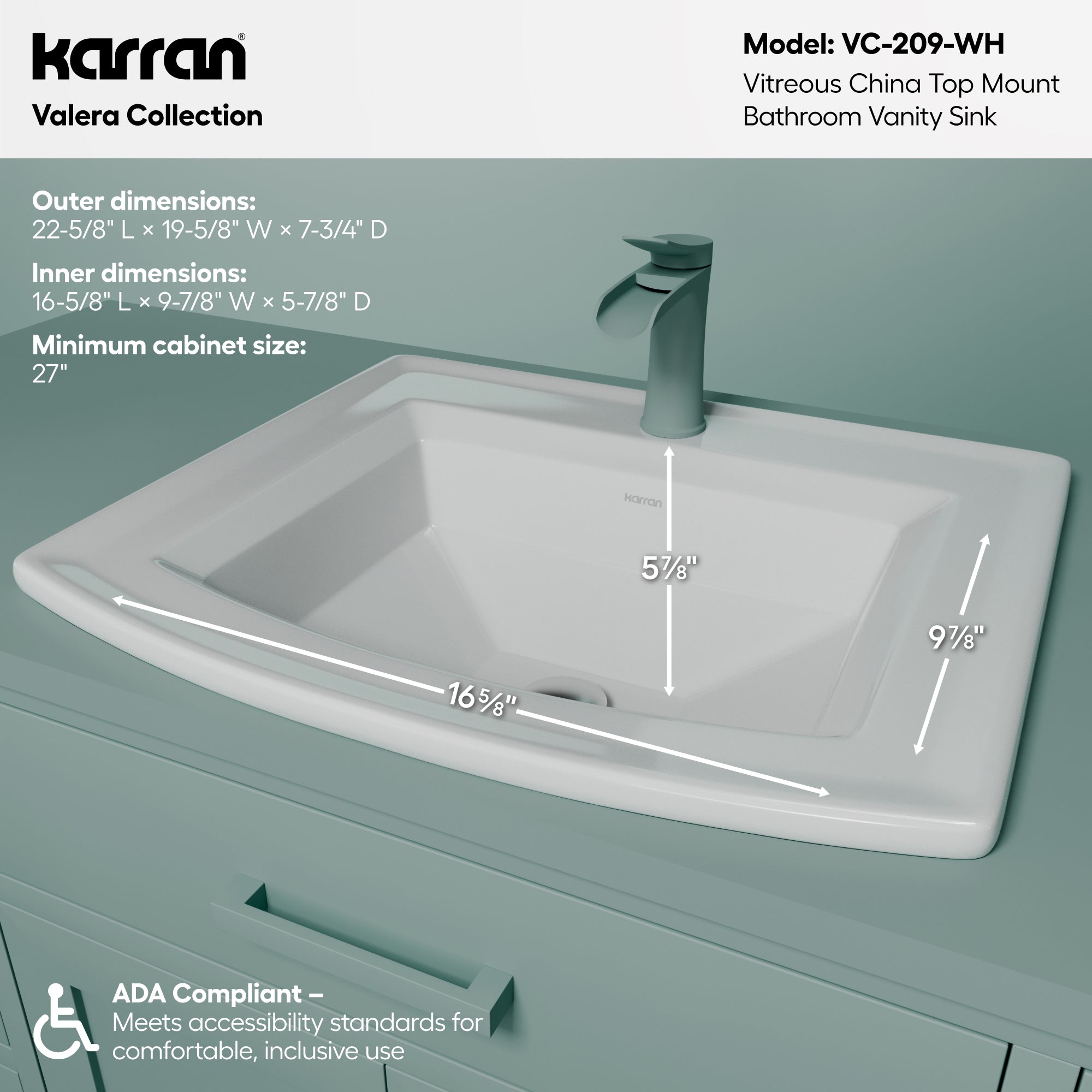 Karran Valera 19.625" x 22.625" Rectangular Drop In/Topmount Vitreous China ADA Bathroom Sink, White, VC-209-WH