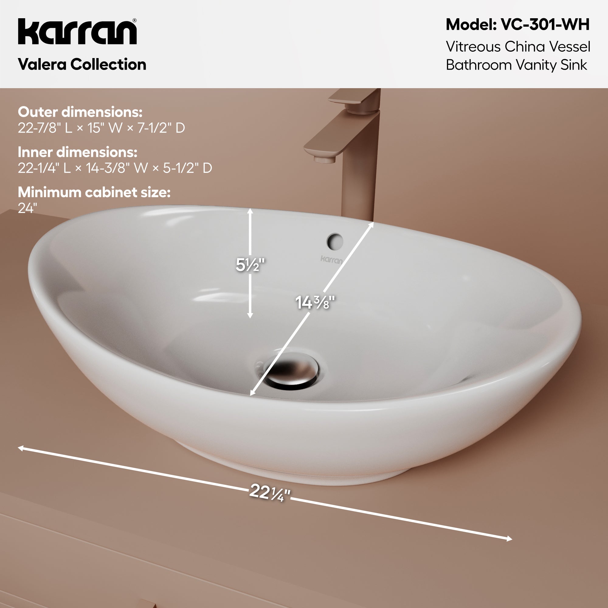 Alternative View of Karran Valera 22.875" x 14.875" x 4.5" Oval Vessel Vitreous China ADA Bathroom Sink, White, VC-301-WH