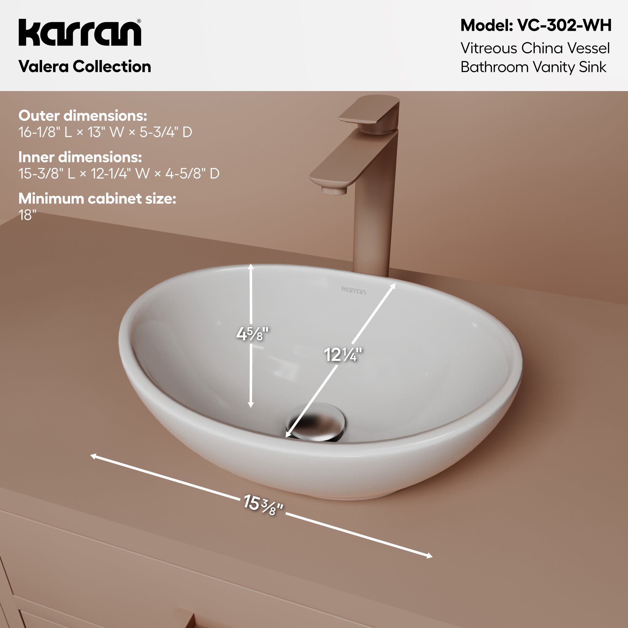 Alternative View of Karran Valera 15.5" x 13.25" x 4.5" Oval Vessel Vitreous China ADA Bathroom Sink, White, VC-302-WH