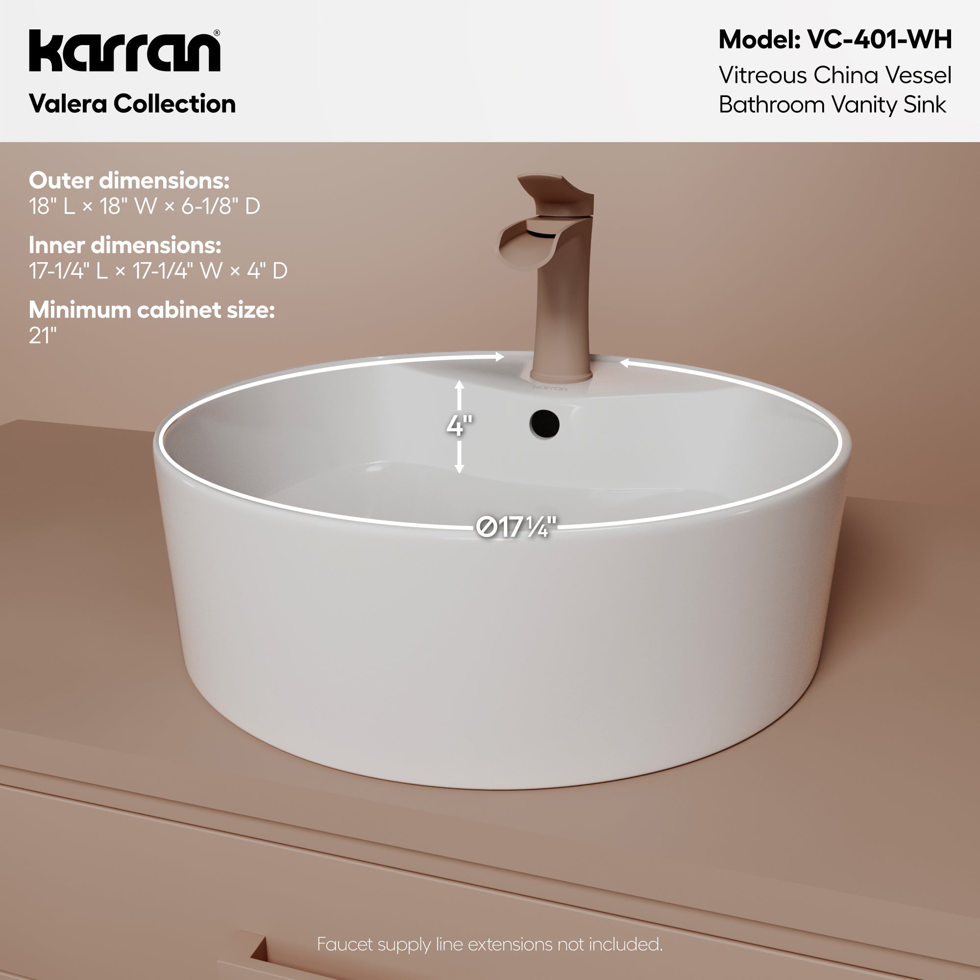 Alternative View of Karran Valera 18.125" x 18.125" x 4.25" Round Vessel Vitreous China ADA Bathroom Sink, White, VC-401-WH