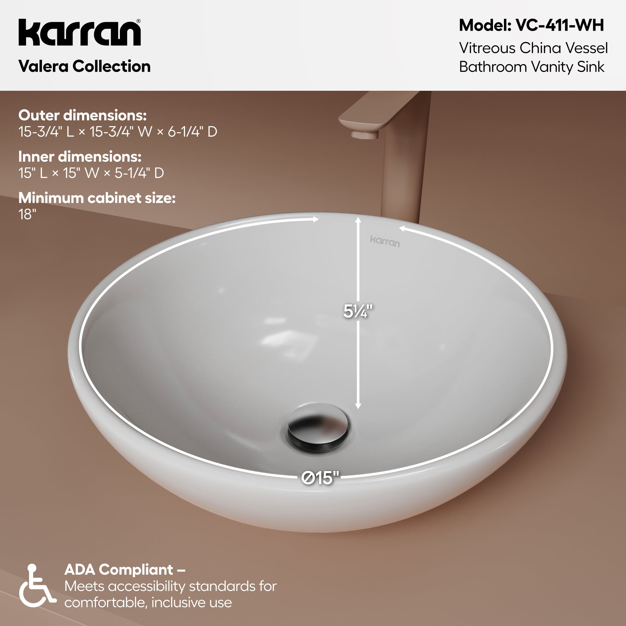 Alternative View of Karran Valera 15.5" x 15.5" x 5" Round Vessel Vitreous China ADA Bathroom Sink, White, VC-411-WH
