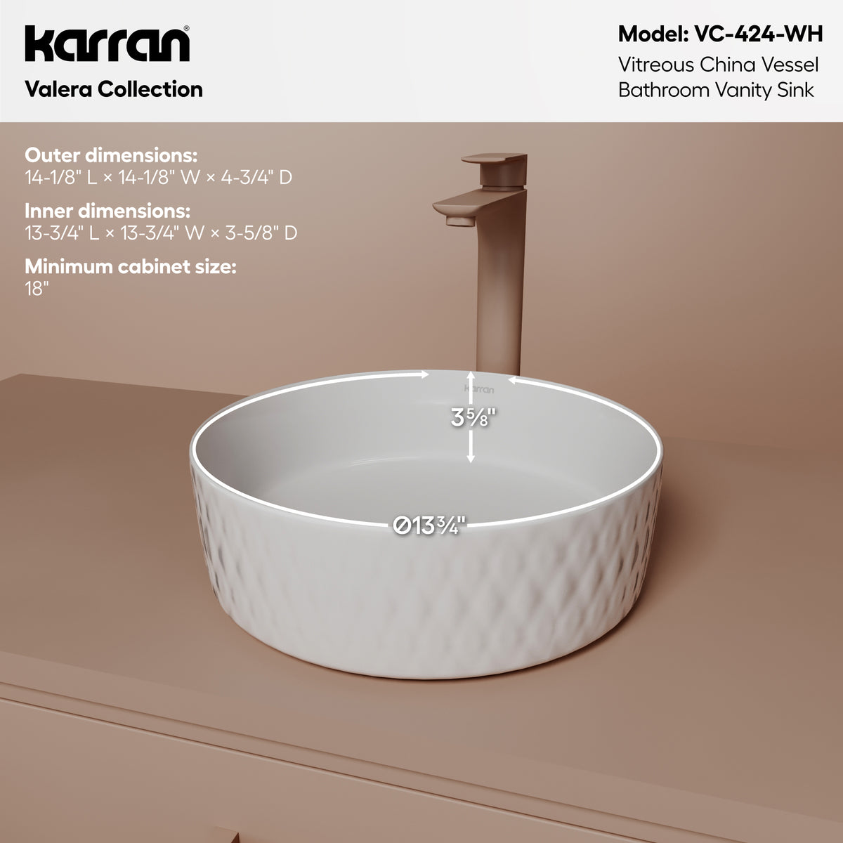 Alternative View of Karran Valera 14.25" x 14.25" x 4" Round Vessel Vitreous China ADA Bathroom Sink, White, VC-424-WH
