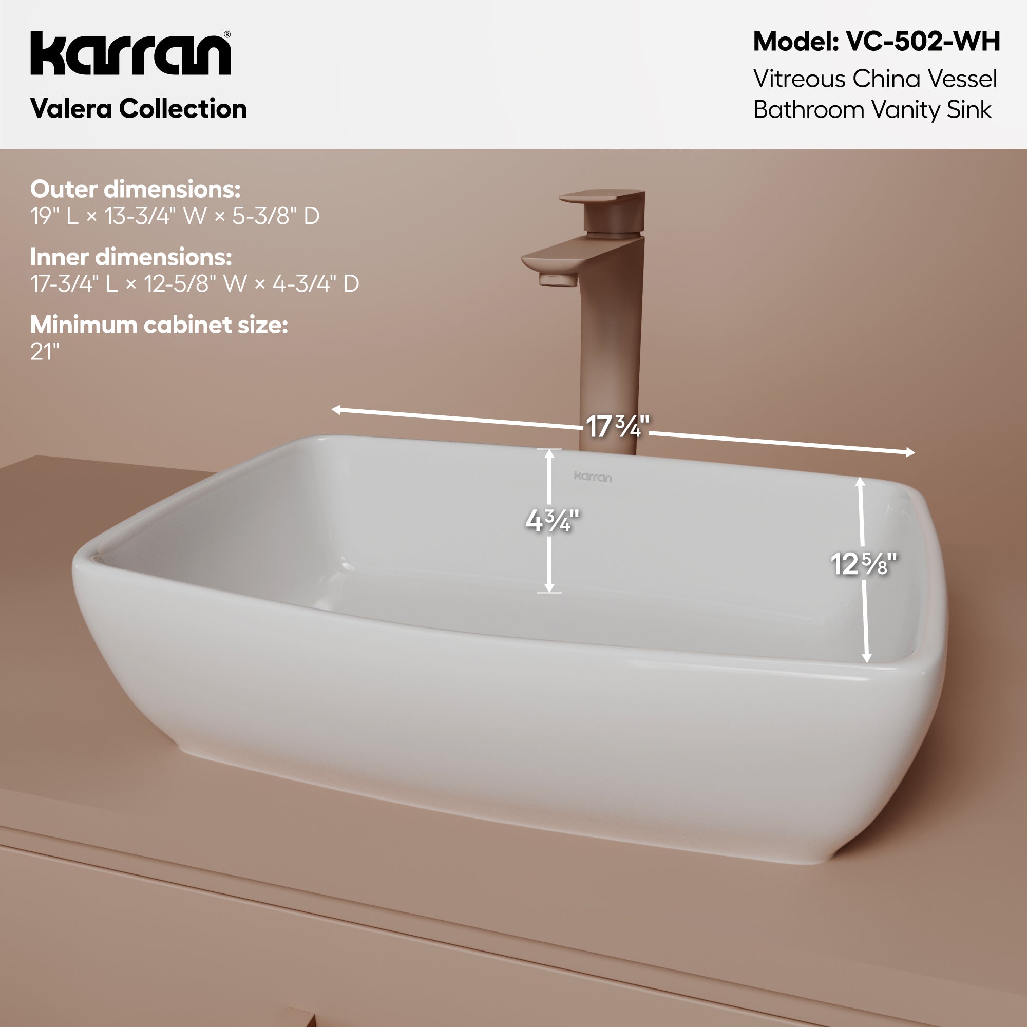 Alternative View of Karran Valera 19" x 13.25" x 4.5" Rectangular Vessel Vitreous China ADA Bathroom Sink, White, VC-502-WH