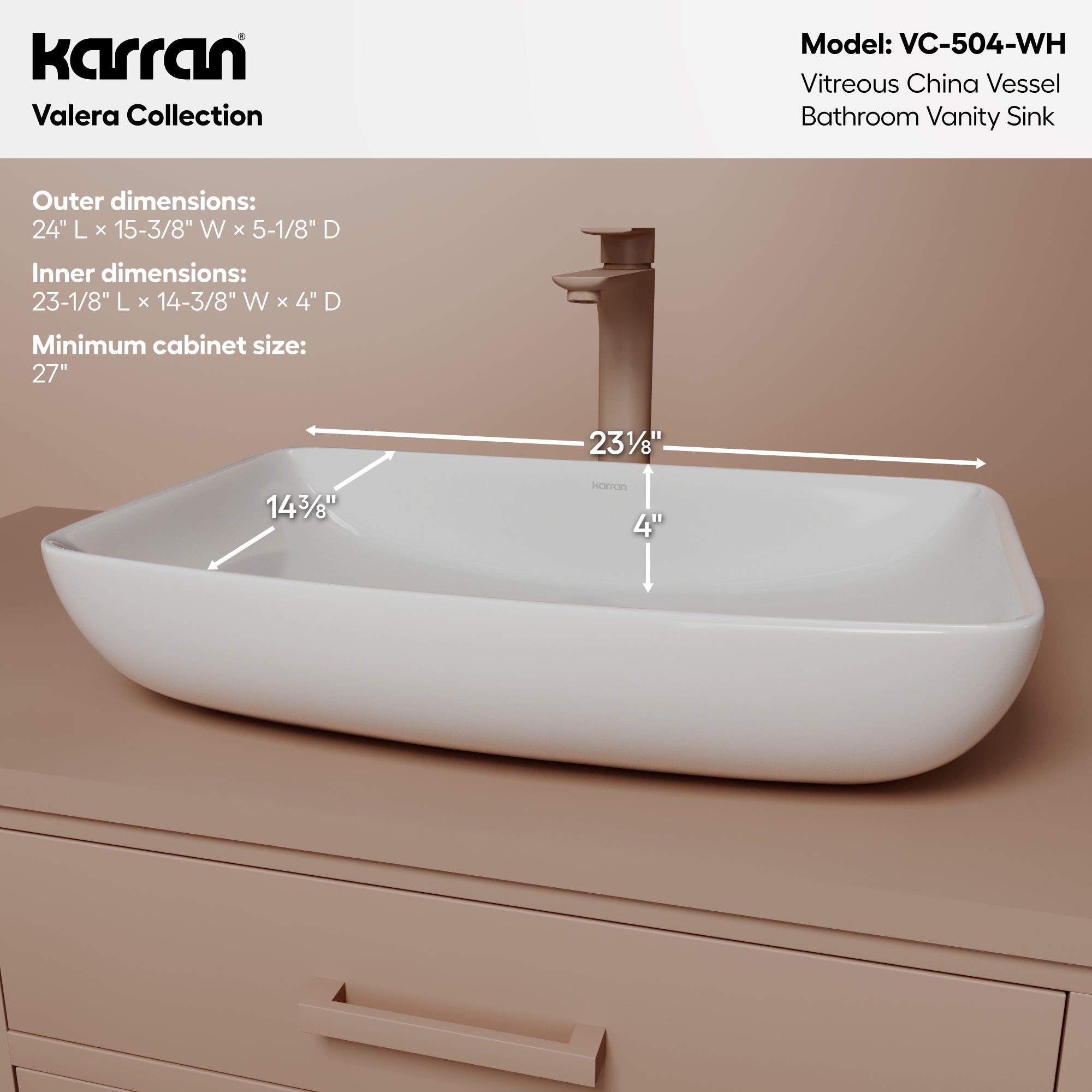 Alternative View of Karran Valera 24" x 15.5" x 4" Rectangular Vessel Vitreous China ADA Bathroom Sink, White, VC-504-WH