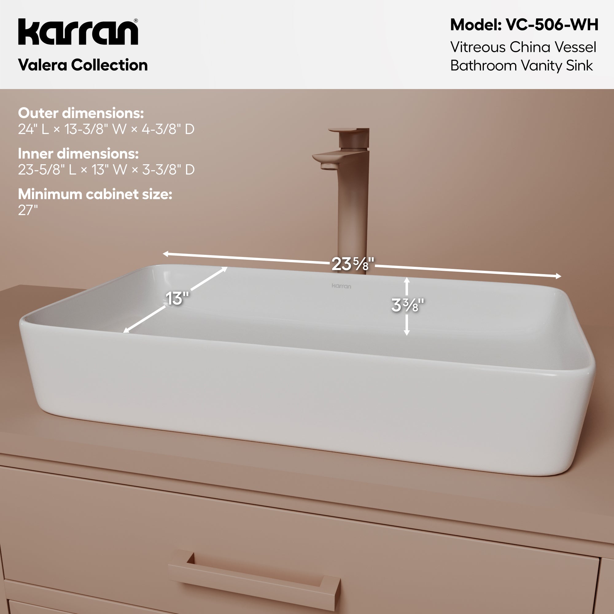 Alternative View of Karran Valera 24.25" x 14" x 3.5" Rectangular Vessel Vitreous China ADA Bathroom Sink, White, VC-506-WH