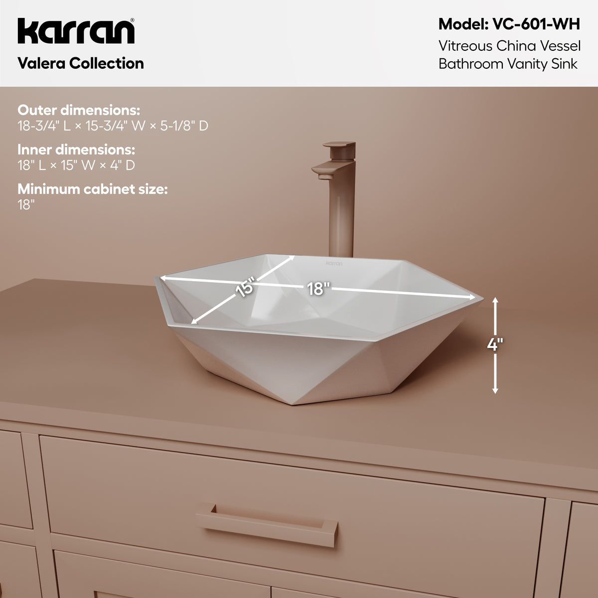 Alternative View of Karran Valera 18.75" x 16.375" x 4" Hexagon Vessel Vitreous China ADA Bathroom Sink, White, VC-601-WH