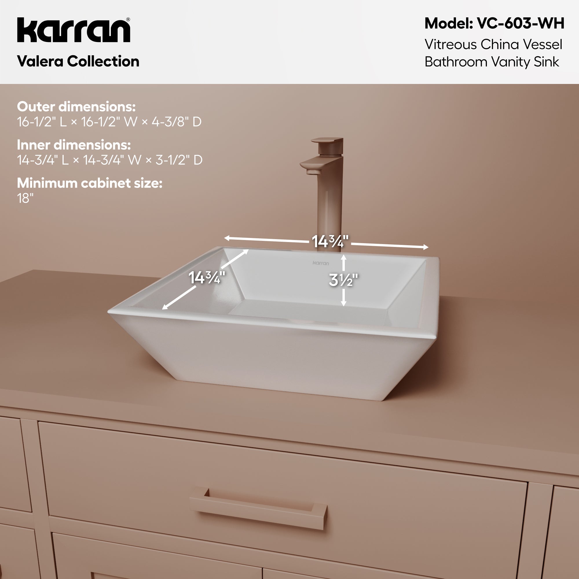Alternative View of Karran Valera 16.25" x 16.25" x 3.75" Square Vessel Vitreous China ADA Bathroom Sink, White, VC-603-WH