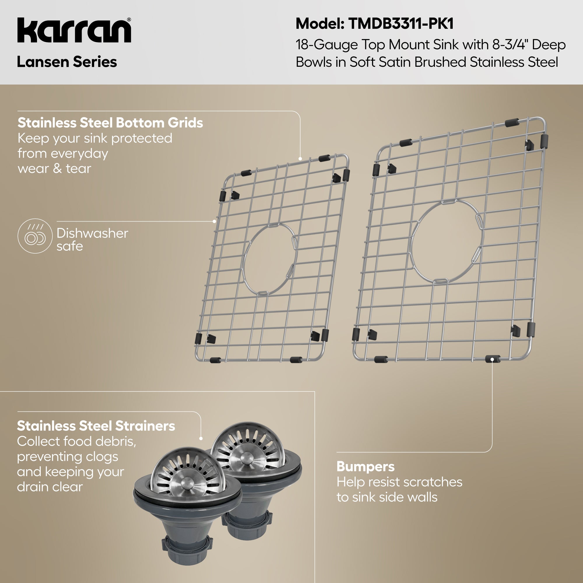 Karran lansen 33 stainless steel kitchen sink 50/50 double bowl informational image