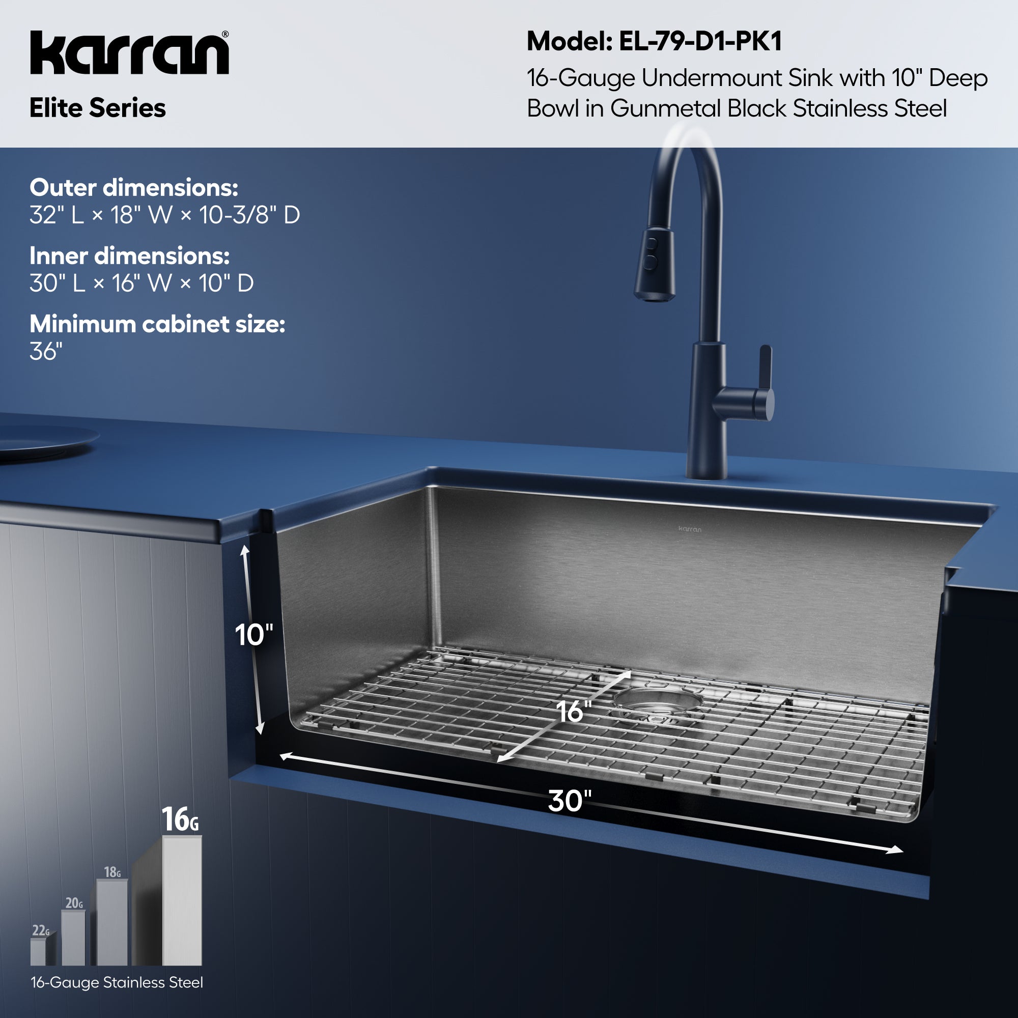 Karran elite 32 stainless steel kitchen sink gunmetal black informational image