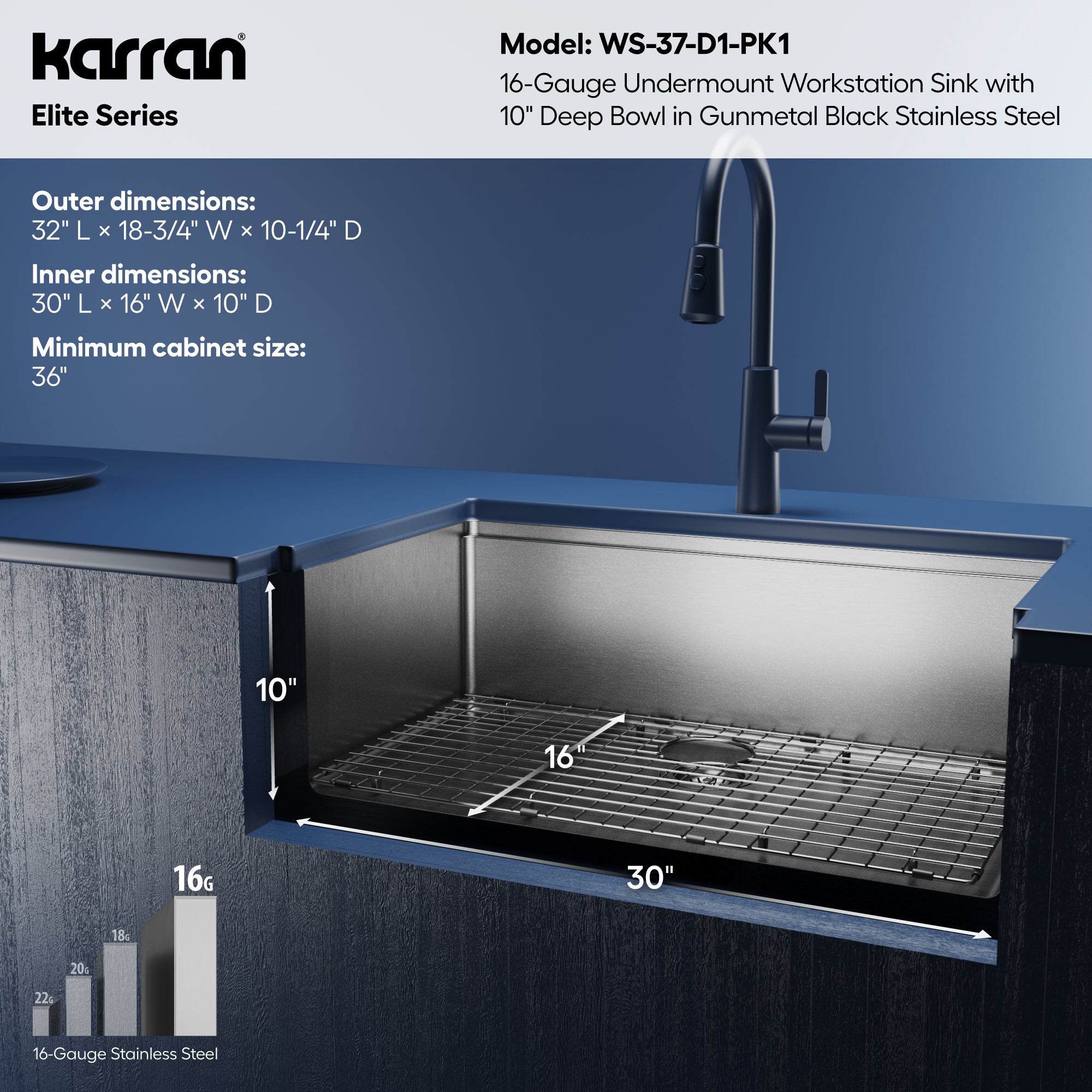 Karran elite workstation 32 stainless steel kitchen sink gunmetal black informational image