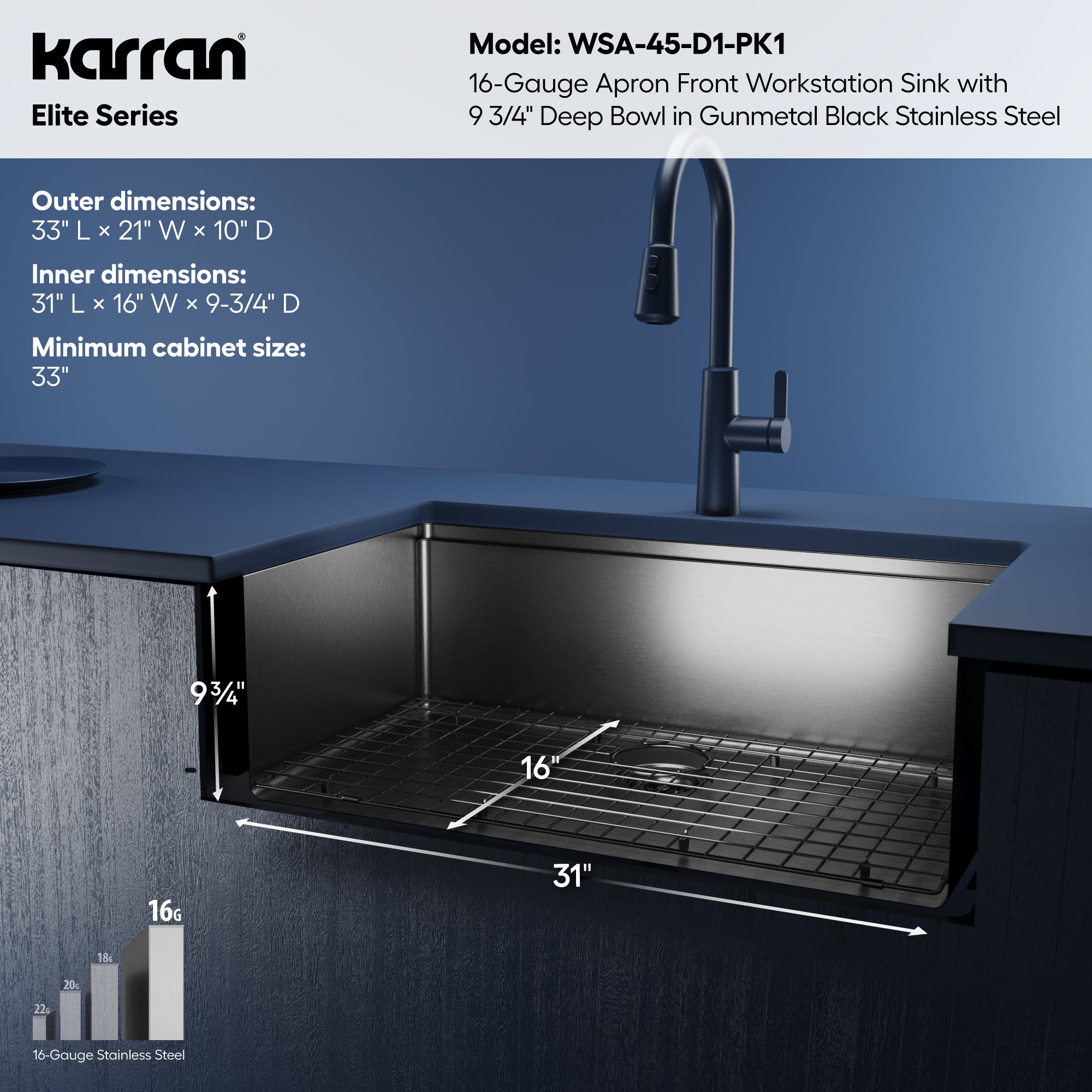 Karran elite workstation 33 stainless steel farmhouse sink gunmetal black informational image
