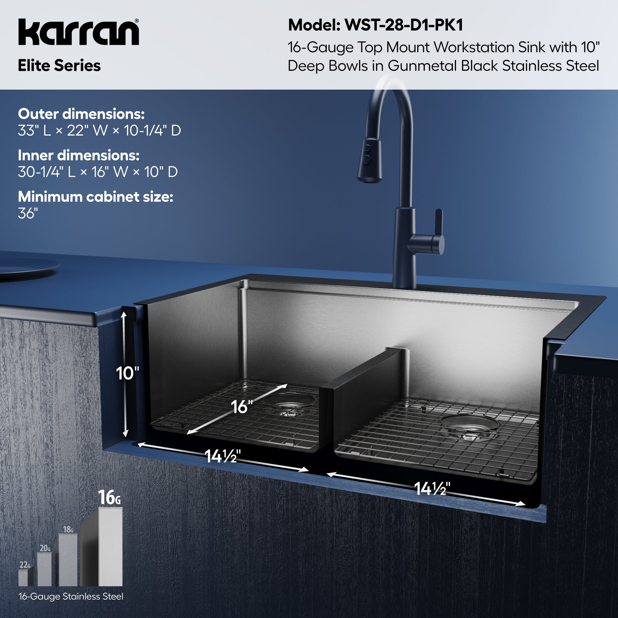 Karran elite workstation 33 stainless steel kitchen sink 50/50 double bowl gunmetal black informational image