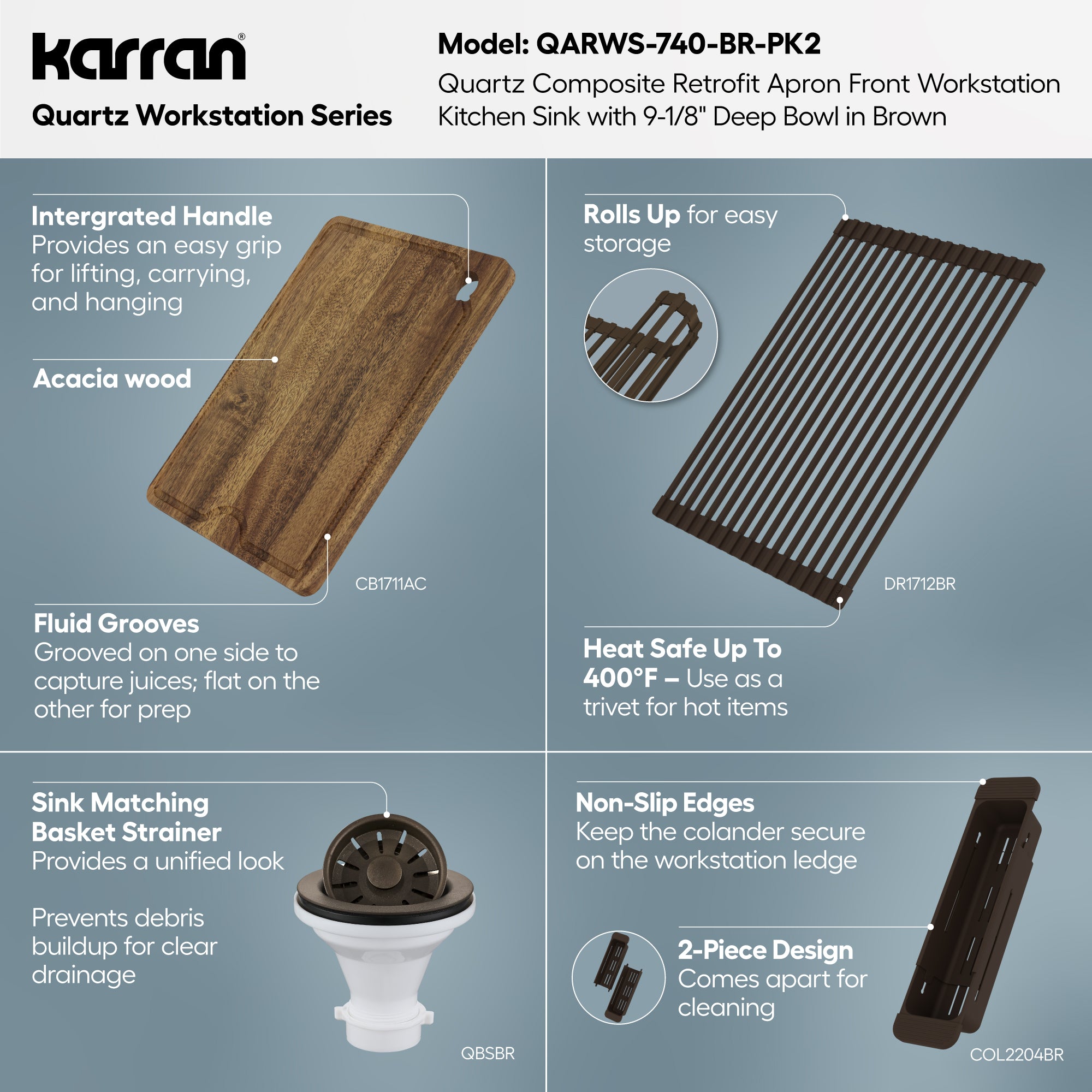 Karran 34 quartz composite retrofit workstation farmhouse sink brown informational image