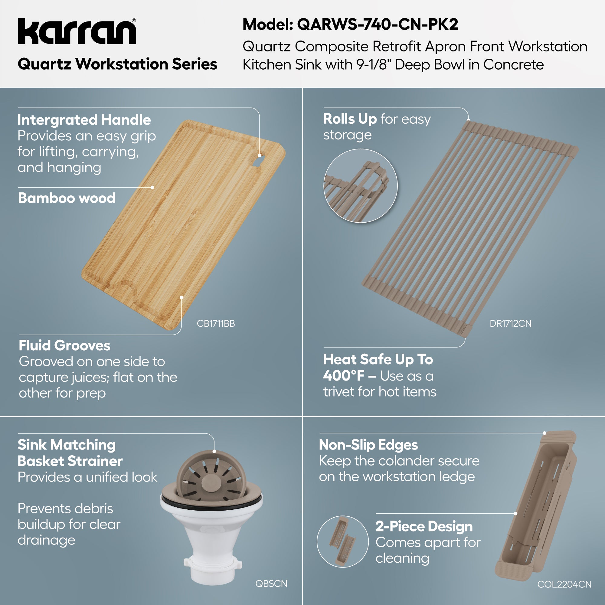 Karran 34 quartz composite retrofit workstation farmhouse sink concrete informational image