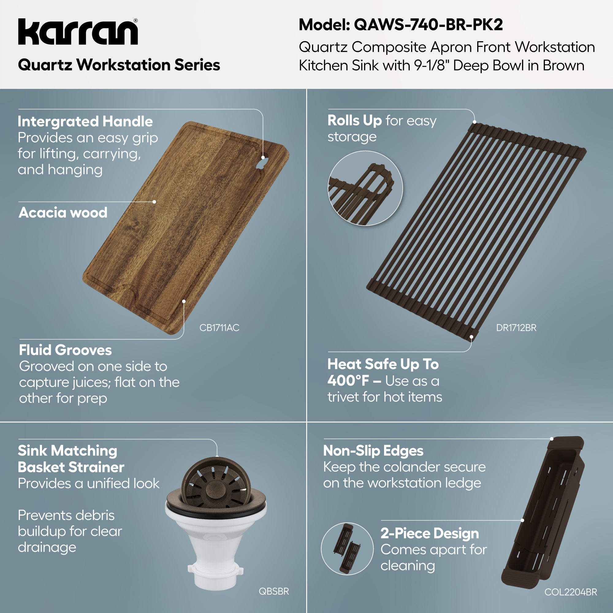 Karran 34 quartz composite workstation farmhouse sink brown informational image