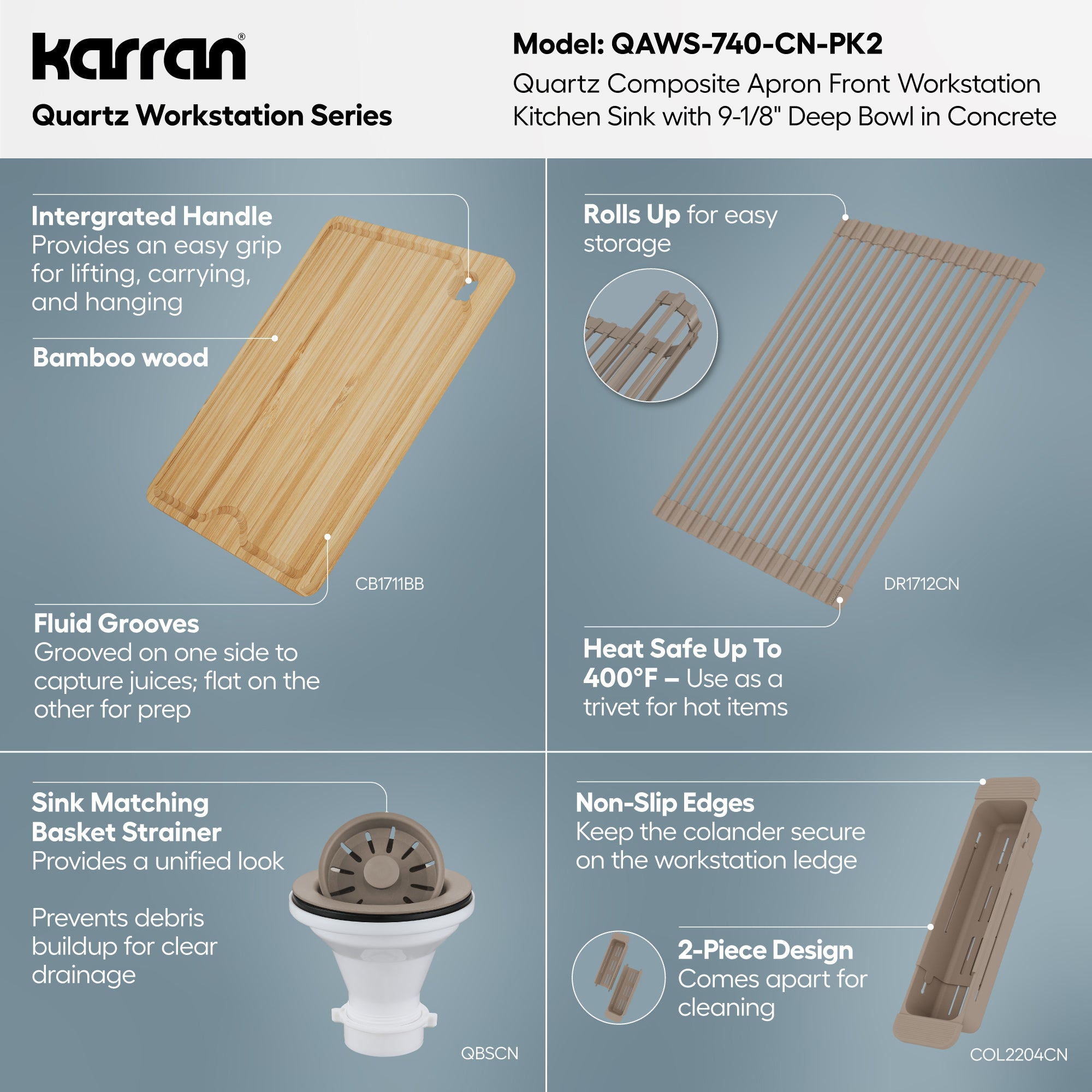 Karran 34 quartz composite workstation farmhouse sink concrete informational image