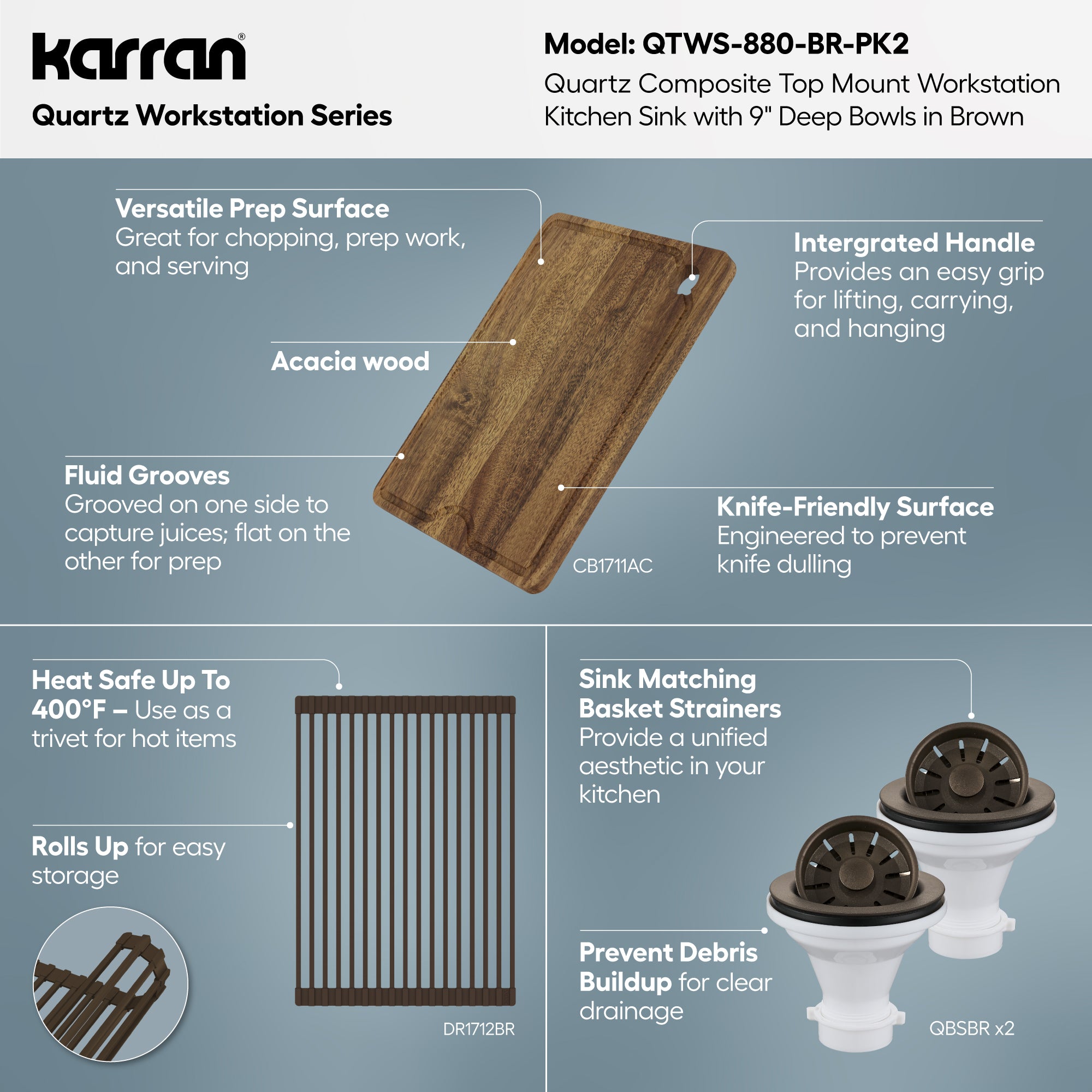 Karran 33 quartz composite workstation kitchen sink 50/50 double bowl brown informational image