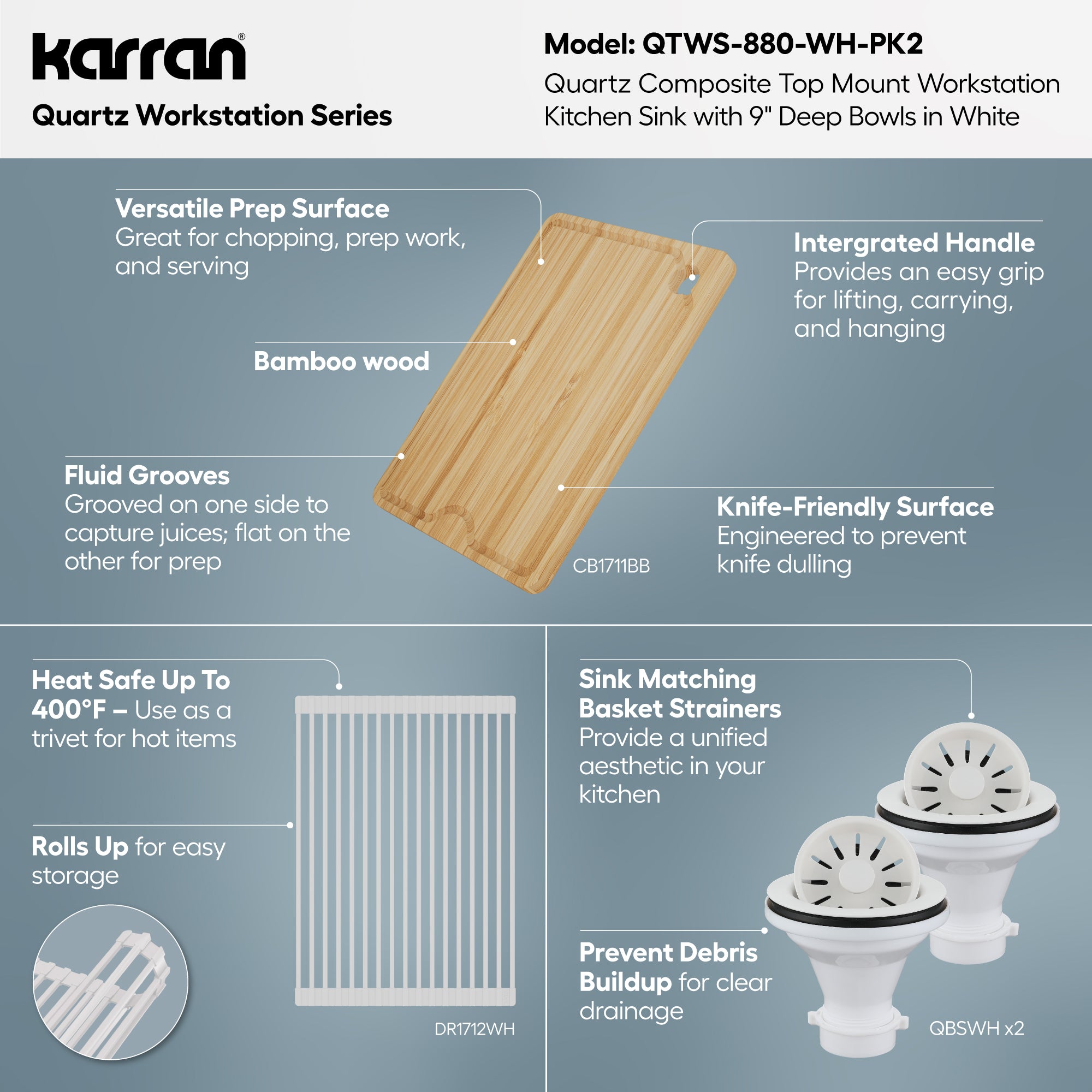 Karran 33 quartz composite workstation kitchen sink 50/50 double bowl white informational image
