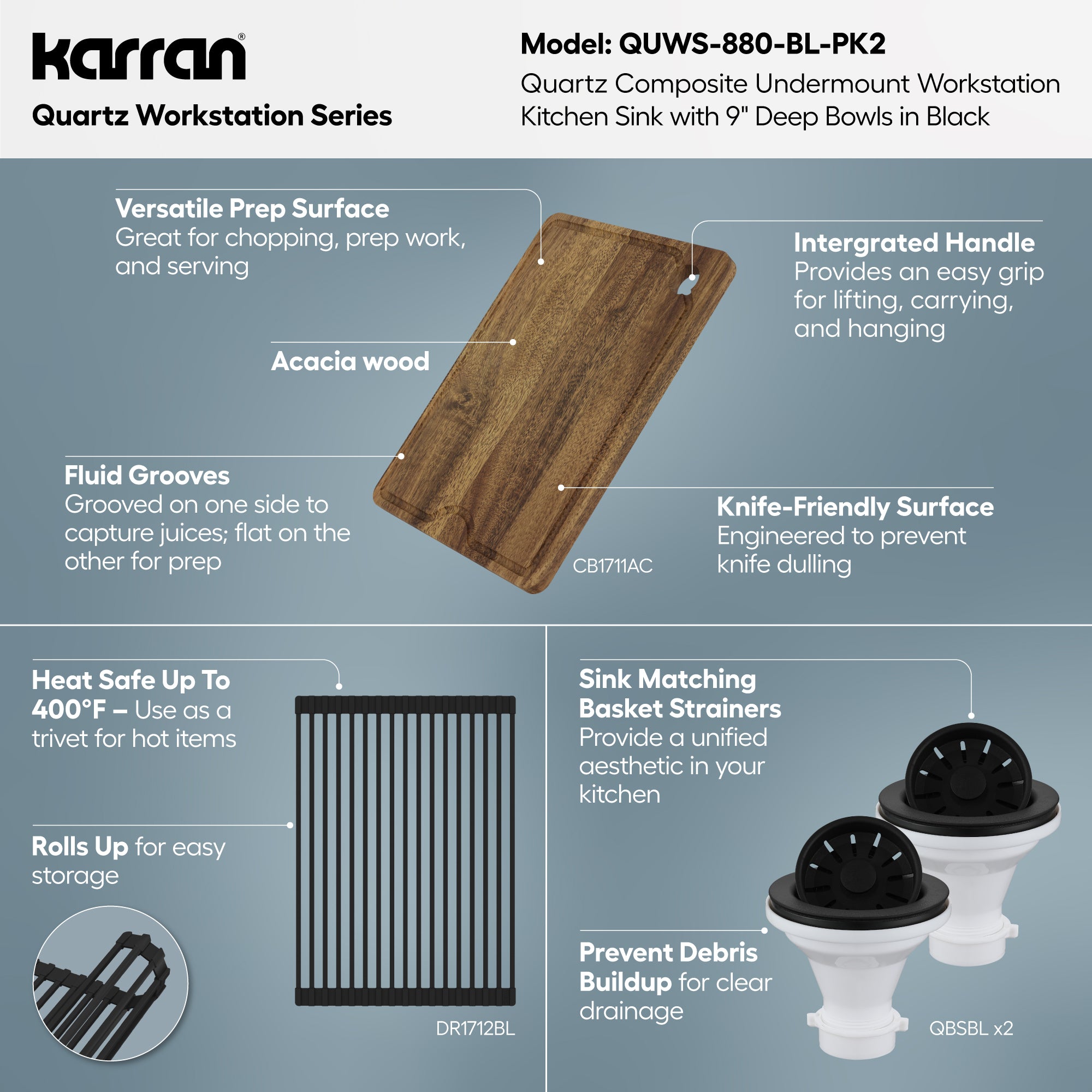 Karran 32 quartz composite workstation kitchen sink 50/50 double bowl black informational image
