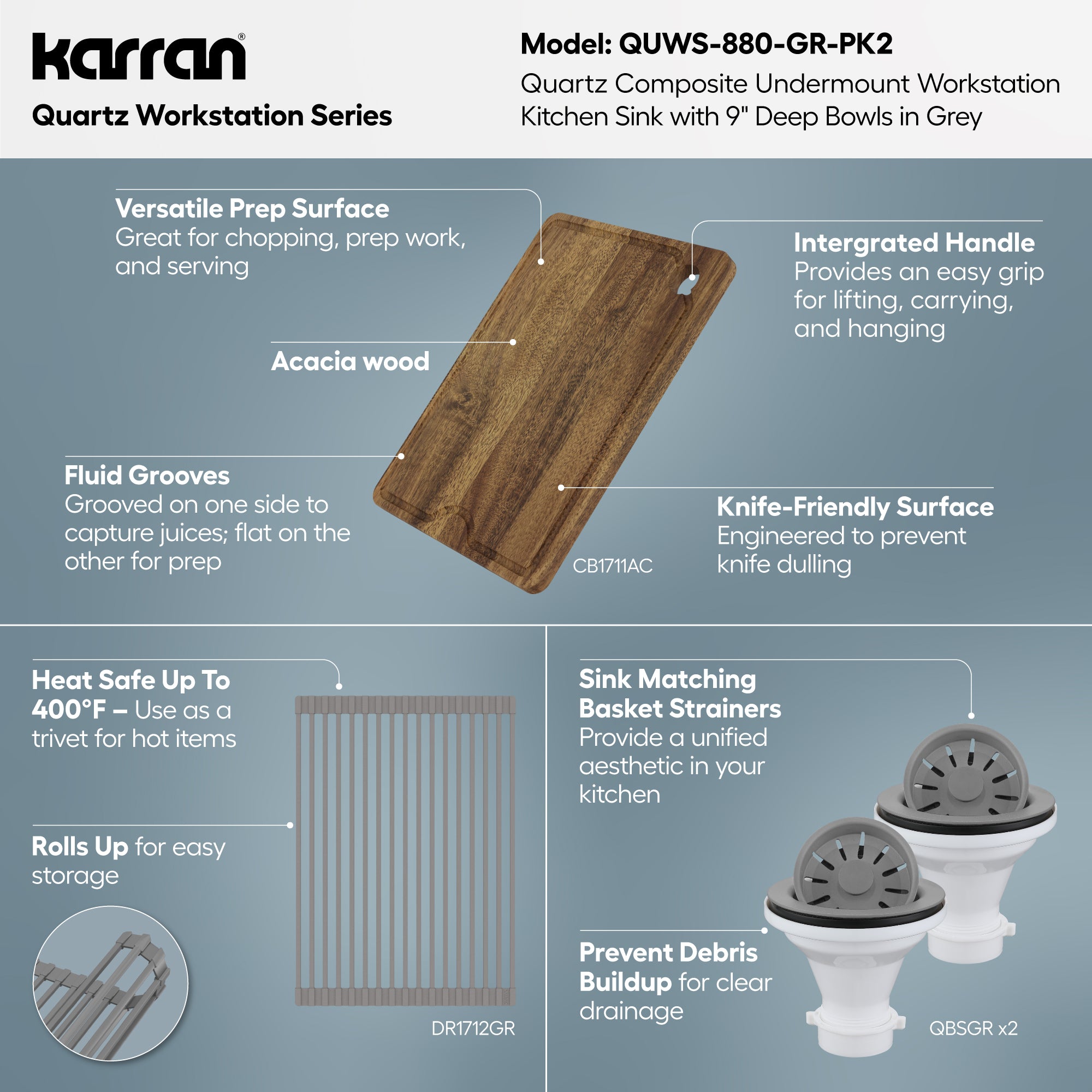 Karran 32 quartz composite workstation kitchen sink 50/50 double bowl grey informational image
