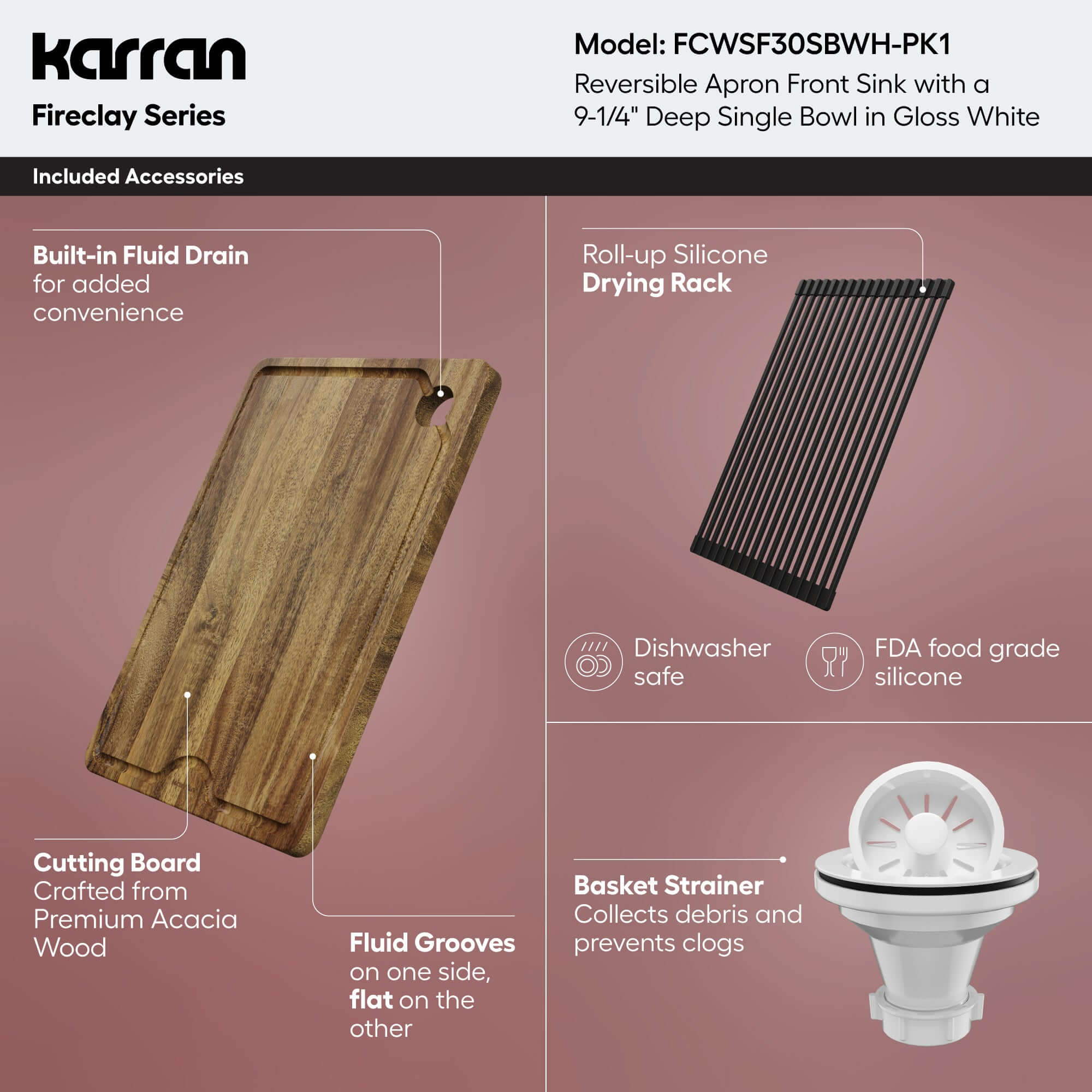 Alternative View of Karran Fireclay 30" Fireclay Workstation Farmhouse Sink with Accessories, White, FCWSF30SBWH-PK1