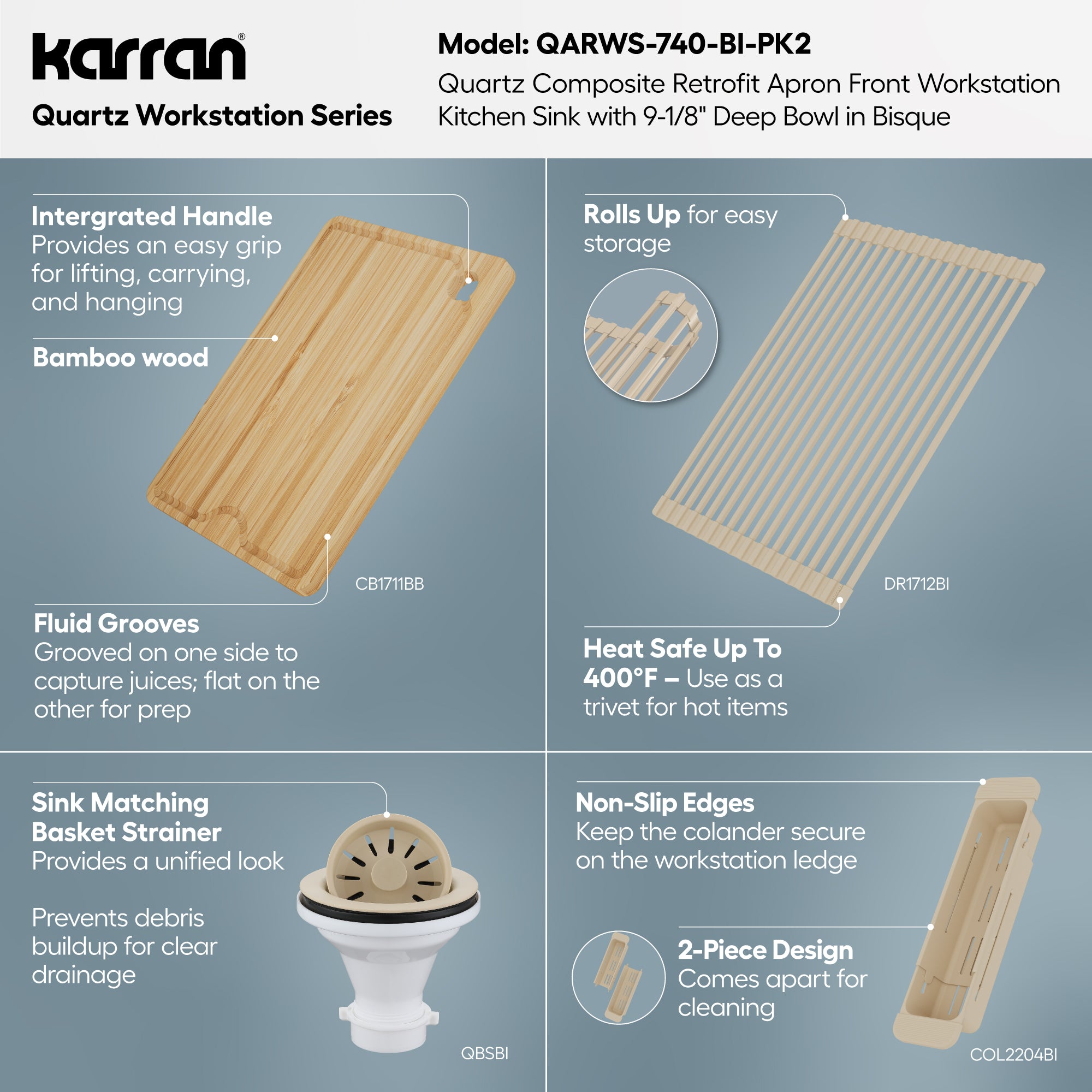 Karran 34 quartz composite retrofit workstation farmhouse sink bisque informational image