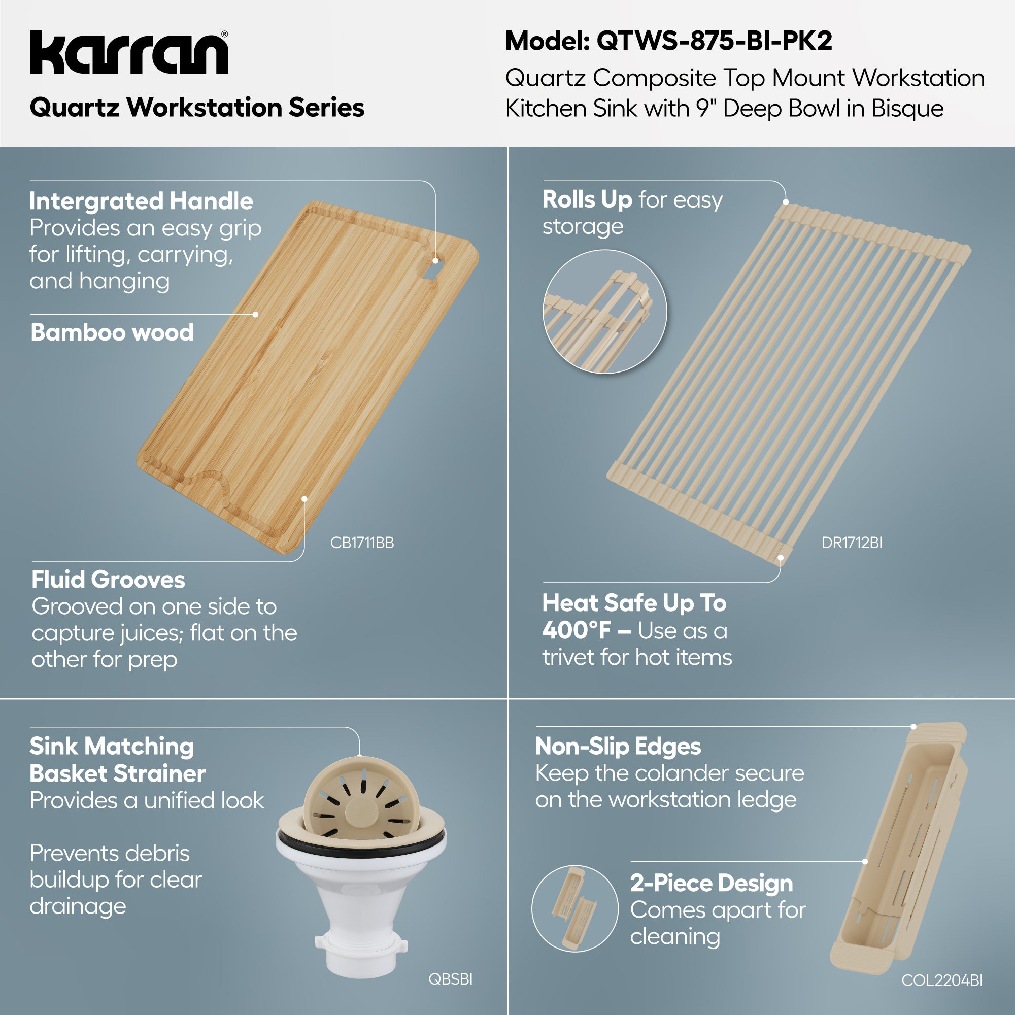 Karran 33 quartz composite workstation kitchen sink bisque informational image