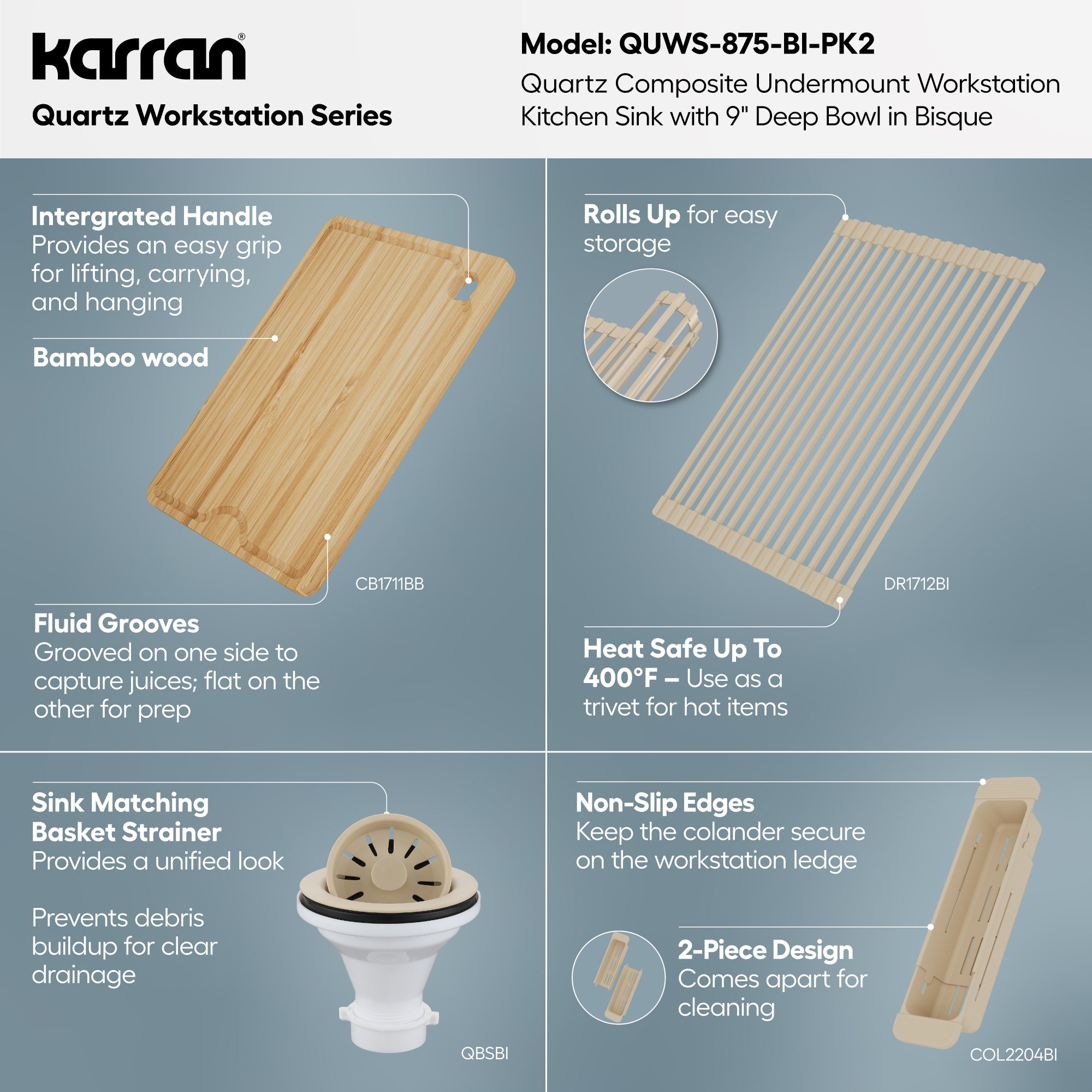 Karran 32 quartz composite workstation kitchen sink bisque informational image