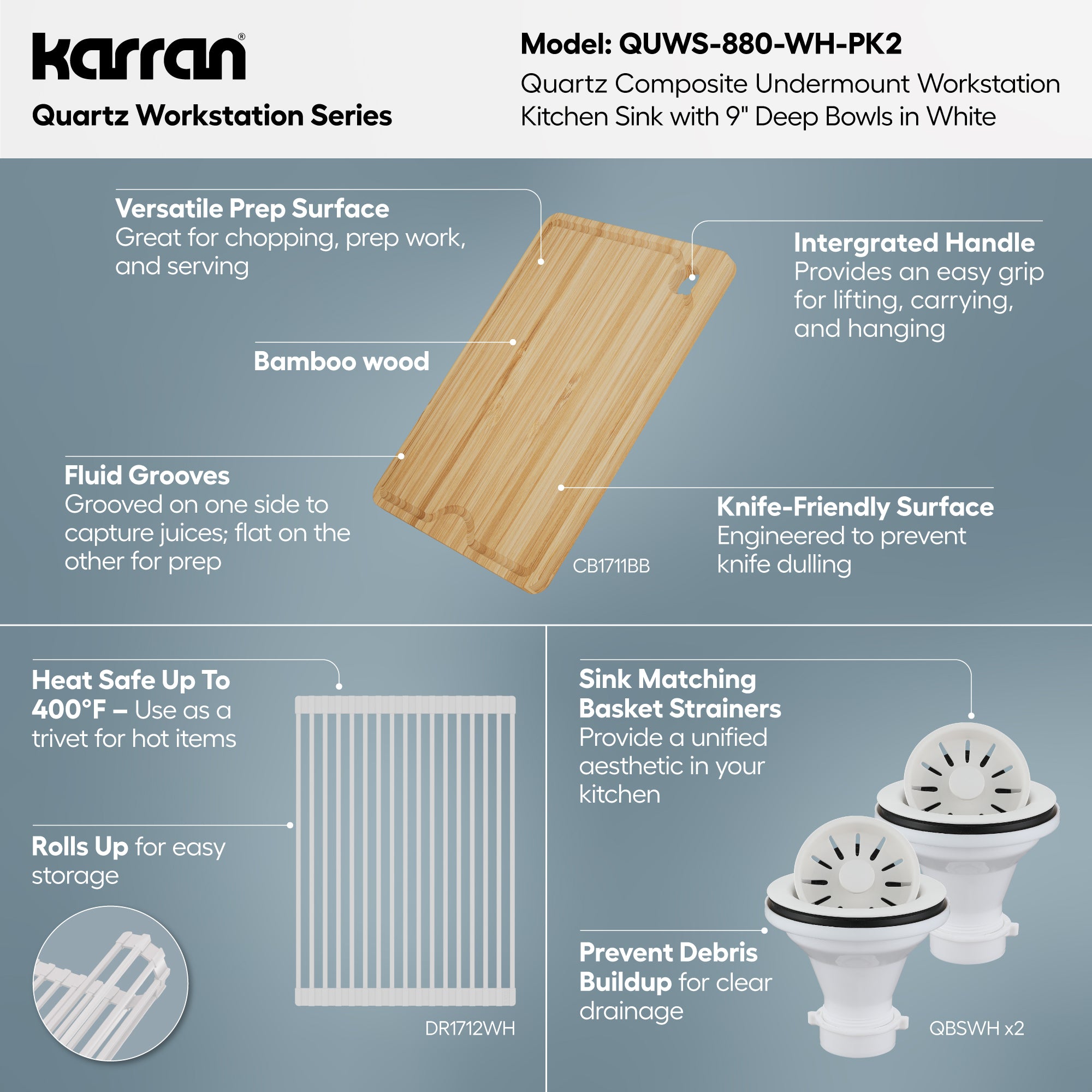 Karran 32 quartz composite workstation kitchen sink 50/50 double bowl white informational image